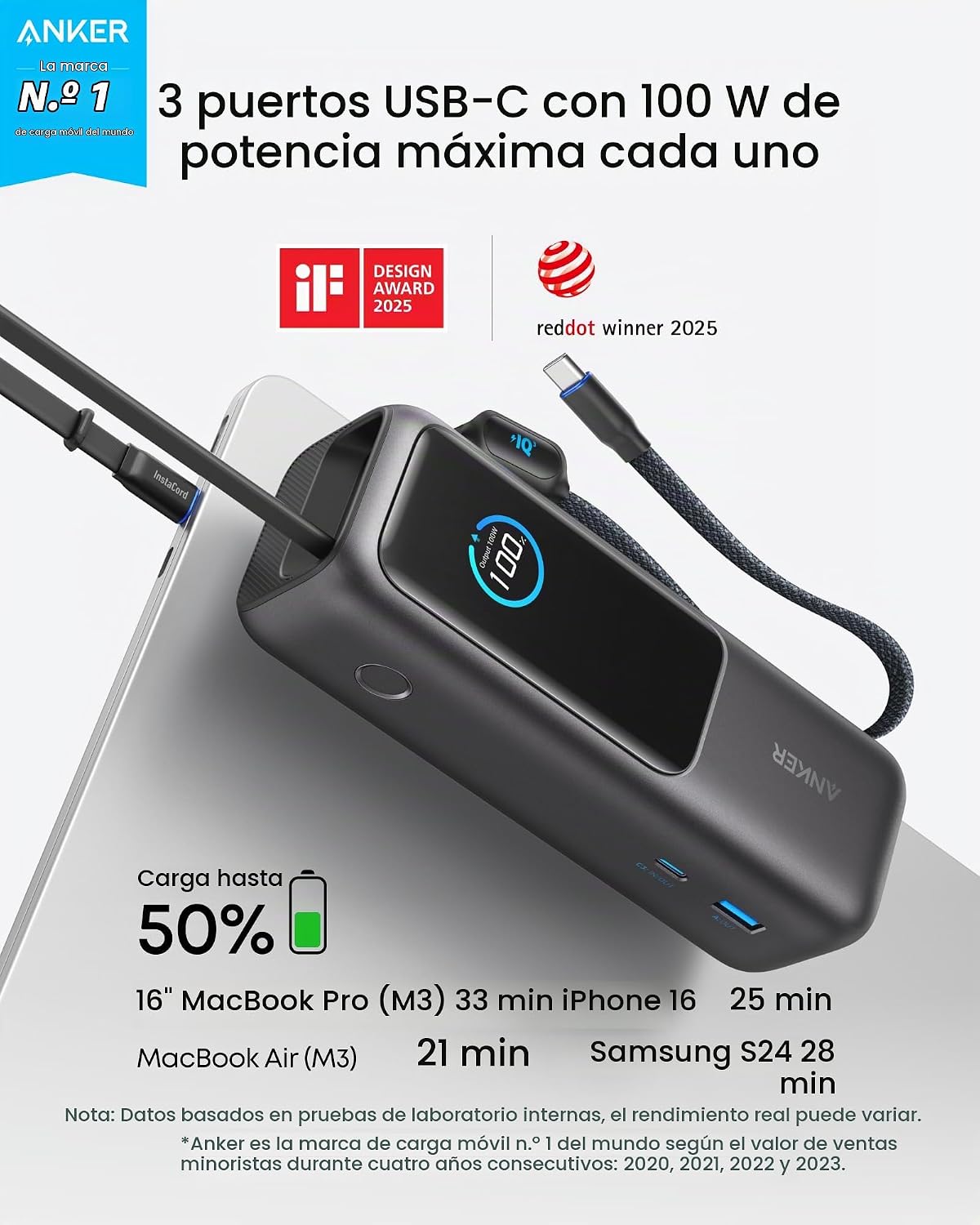 ANKER BATERÍA PORTÁTIL PARA LAPTOP, CARGADOR PORTÁTIL DE 25,000 MAH CON TRIPLES PUERTOS USB-C DE 100W, CABLES RETRÁCTILES - 2