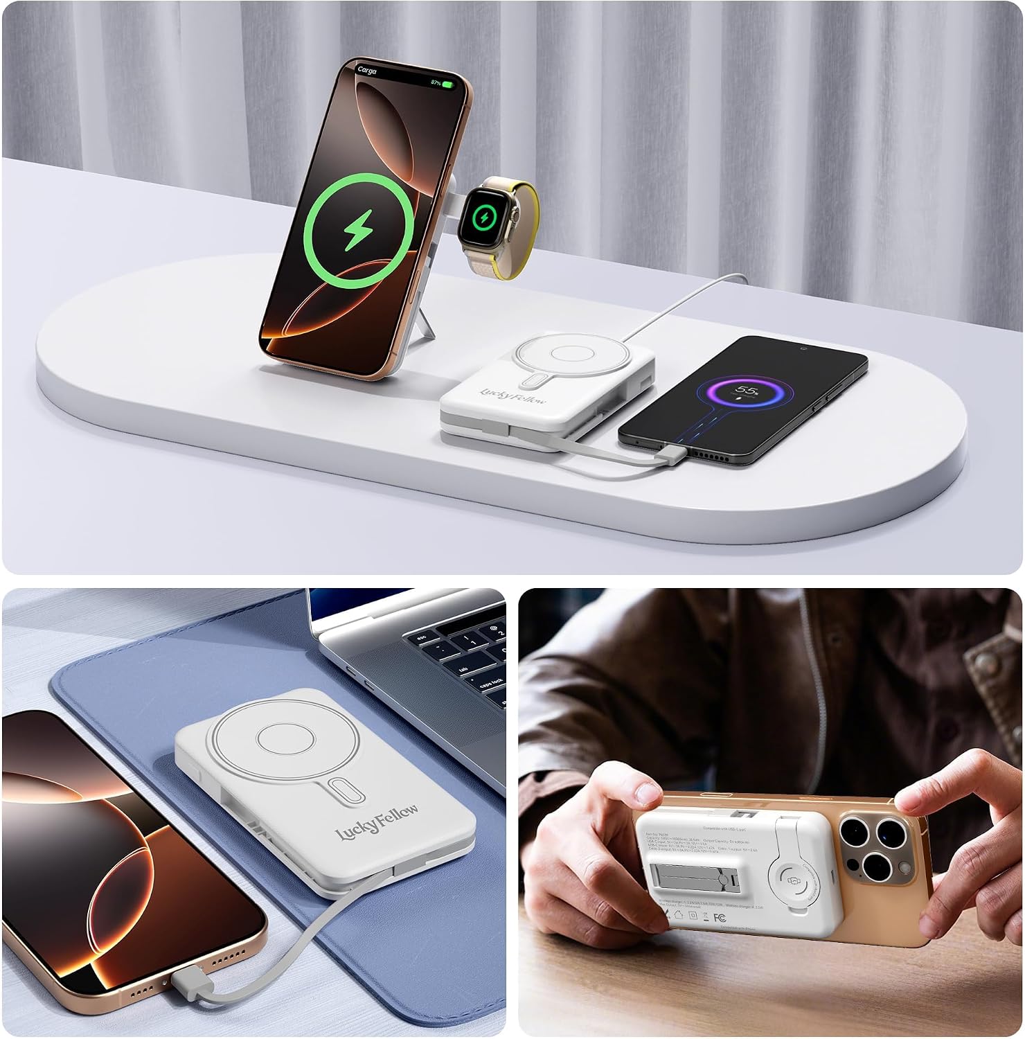 CARGADOR PORTÁTIL MAGNÉTICO CON CABLES INTEGRADOS, ESTACIÓN DE CARGA INALÁMBRICA DE CARGA RÁPIDA DE 10000MAH, PAQUETE - 4