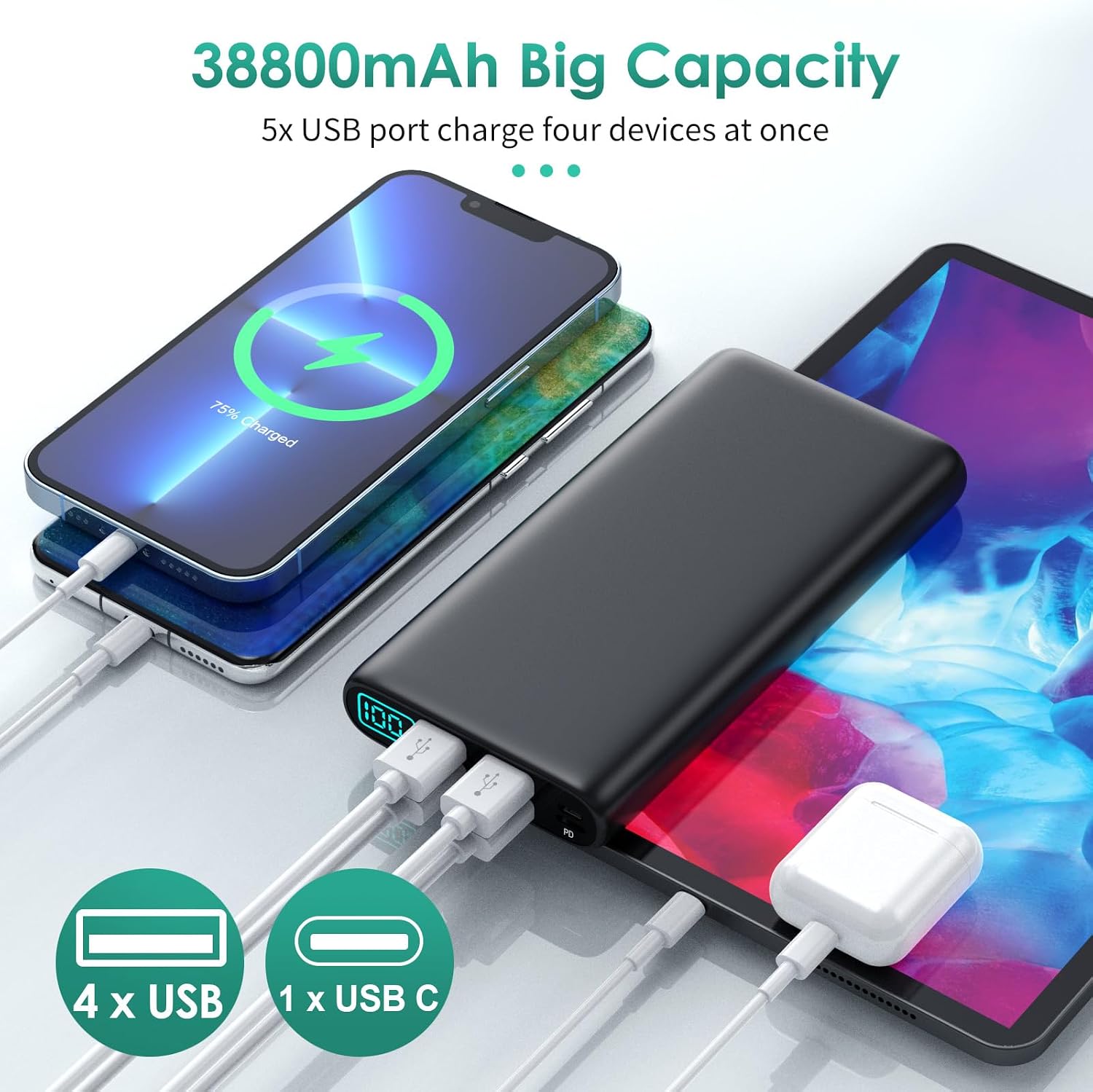 CARGADOR PORTÁTIL DE 38800 MAH CON 5 SALIDAS Y 2 ENTRADAS, PD USB C ENTRADA Y SALIDA RÁPIDA DE TELÉFONO, BATERÍA EXTERNA - 2
