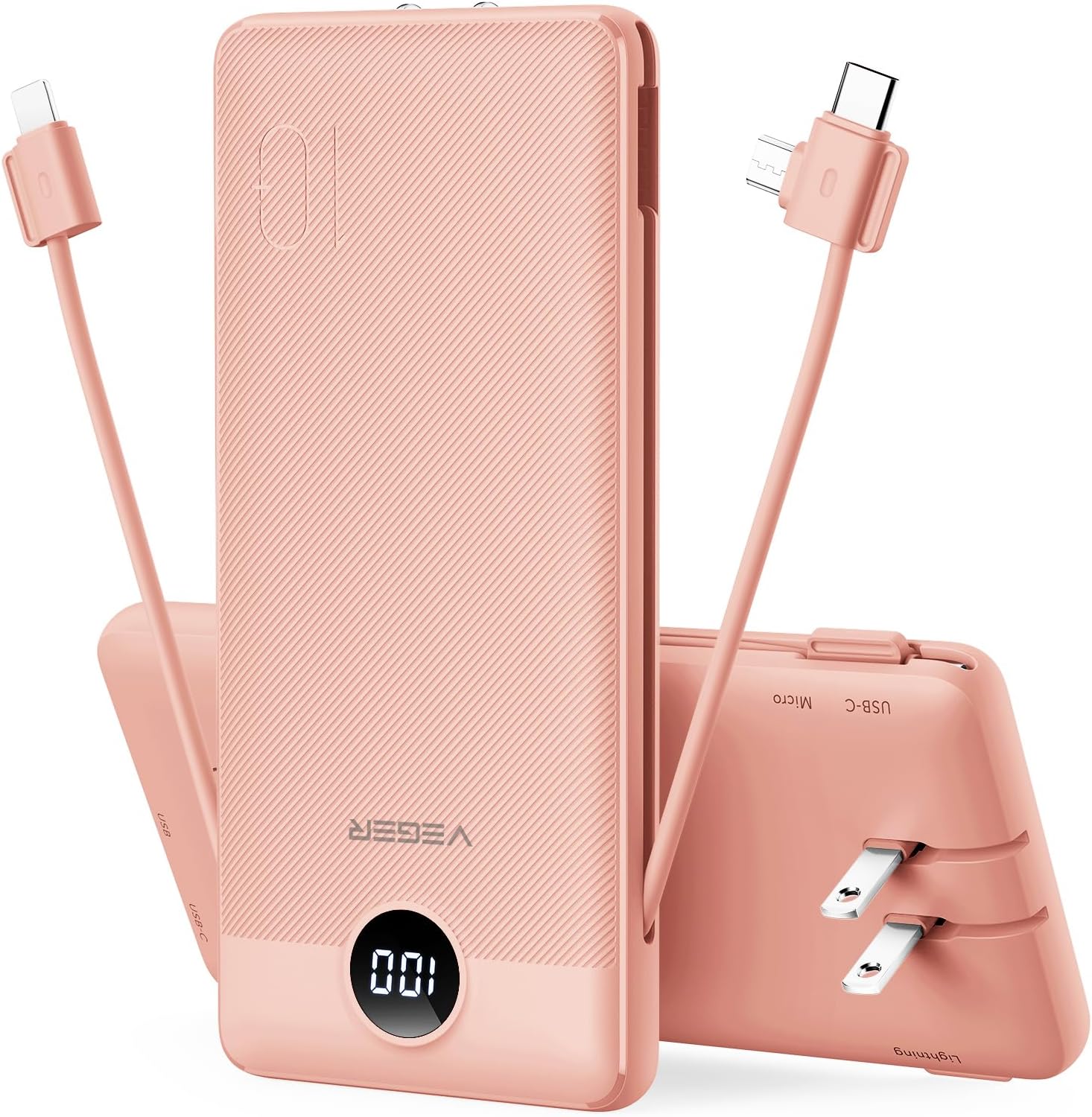 VEGER CARGADOR PORTÁTIL PARA IPHONE CON CABLES INCORPORADOS Y ENCHUFE DE PARED, BATERÍA DE CARGA RÁPIDA USB C DE 10000 MAH - 1