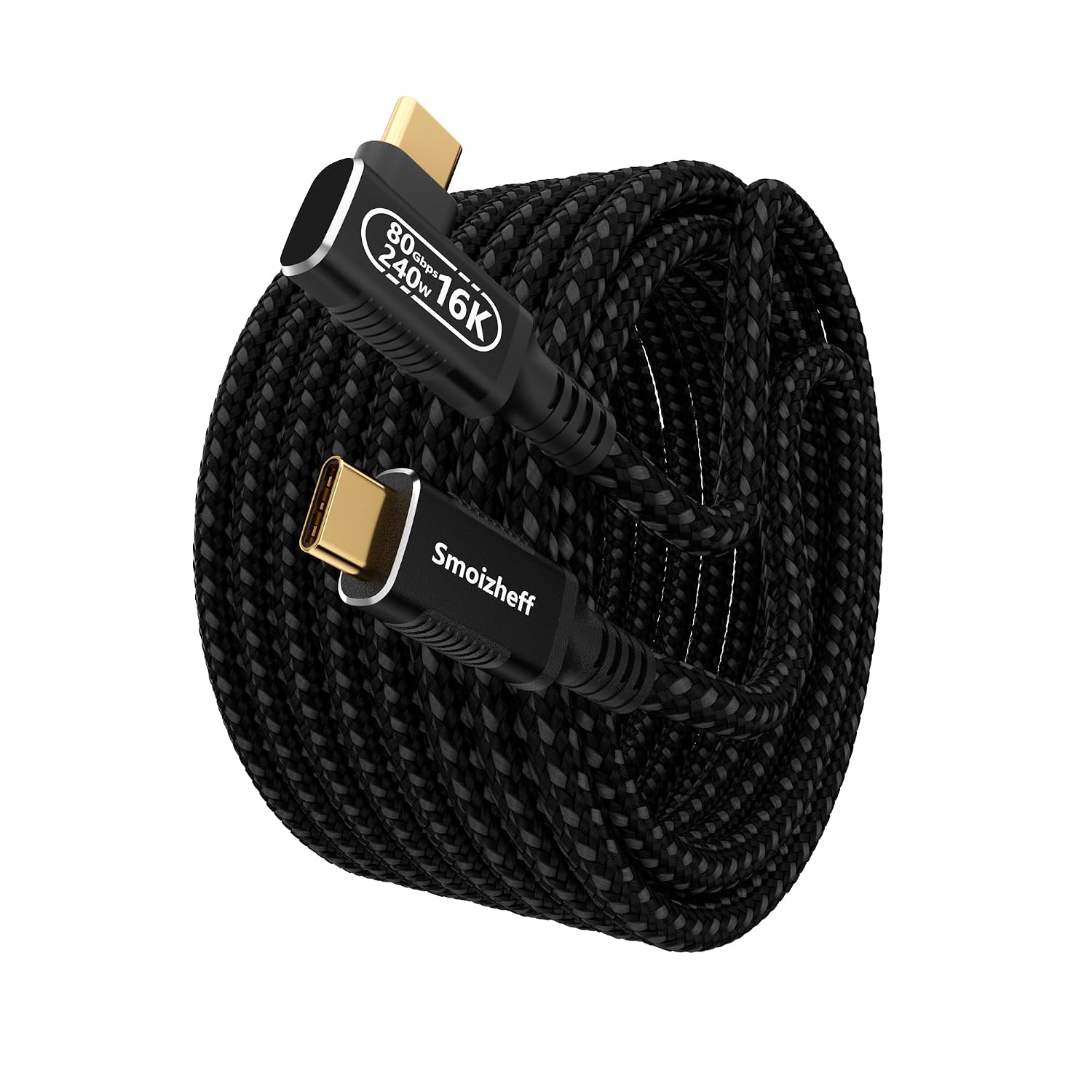 CABLE USB5 DE 10 PIES CON ÁNGULO RECTO DE 90 GRADOS, PARA THUNDERBOLT 5/4, CABLE USB C TRENZADO DE NAILON, TRANSFERENCIA - 1