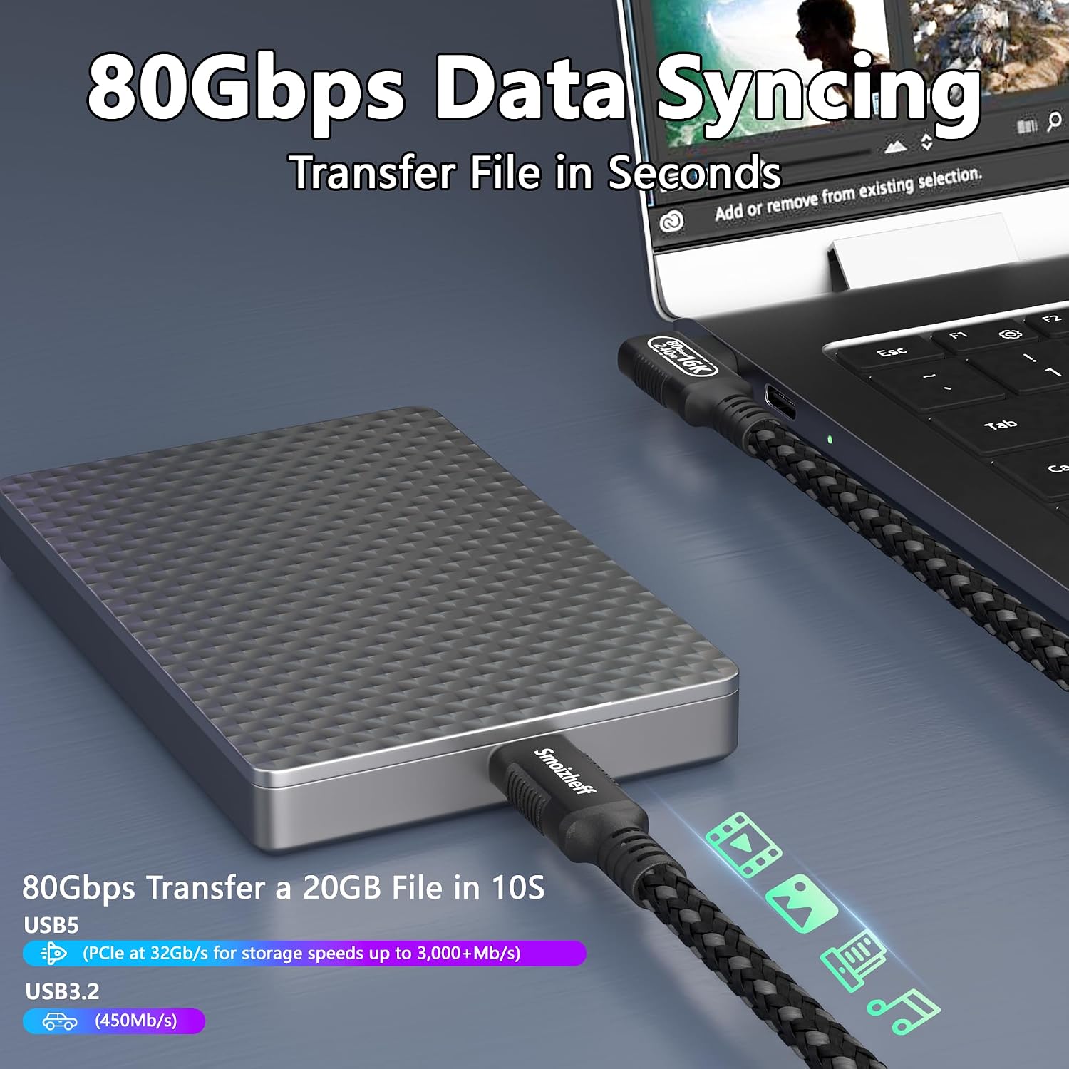 CABLE USB5 DE 10 PIES CON ÁNGULO RECTO DE 90 GRADOS, PARA THUNDERBOLT 5/4, CABLE USB C TRENZADO DE NAILON, TRANSFERENCIA - 2