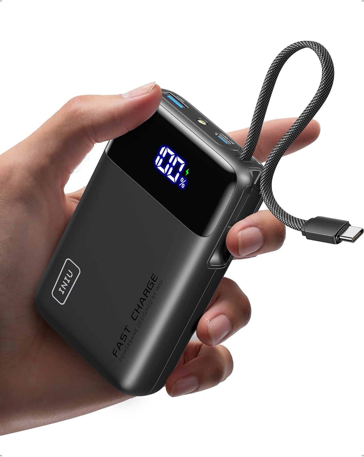 INIU CARGADOR PORTÁTIL DE 45W, BANCO DE ENERGÍA MÁS PEQUEÑO DE 20000MAH CON CABLE USB-C INTEGRADO, CARGA RÁPIDA USB C - 1
