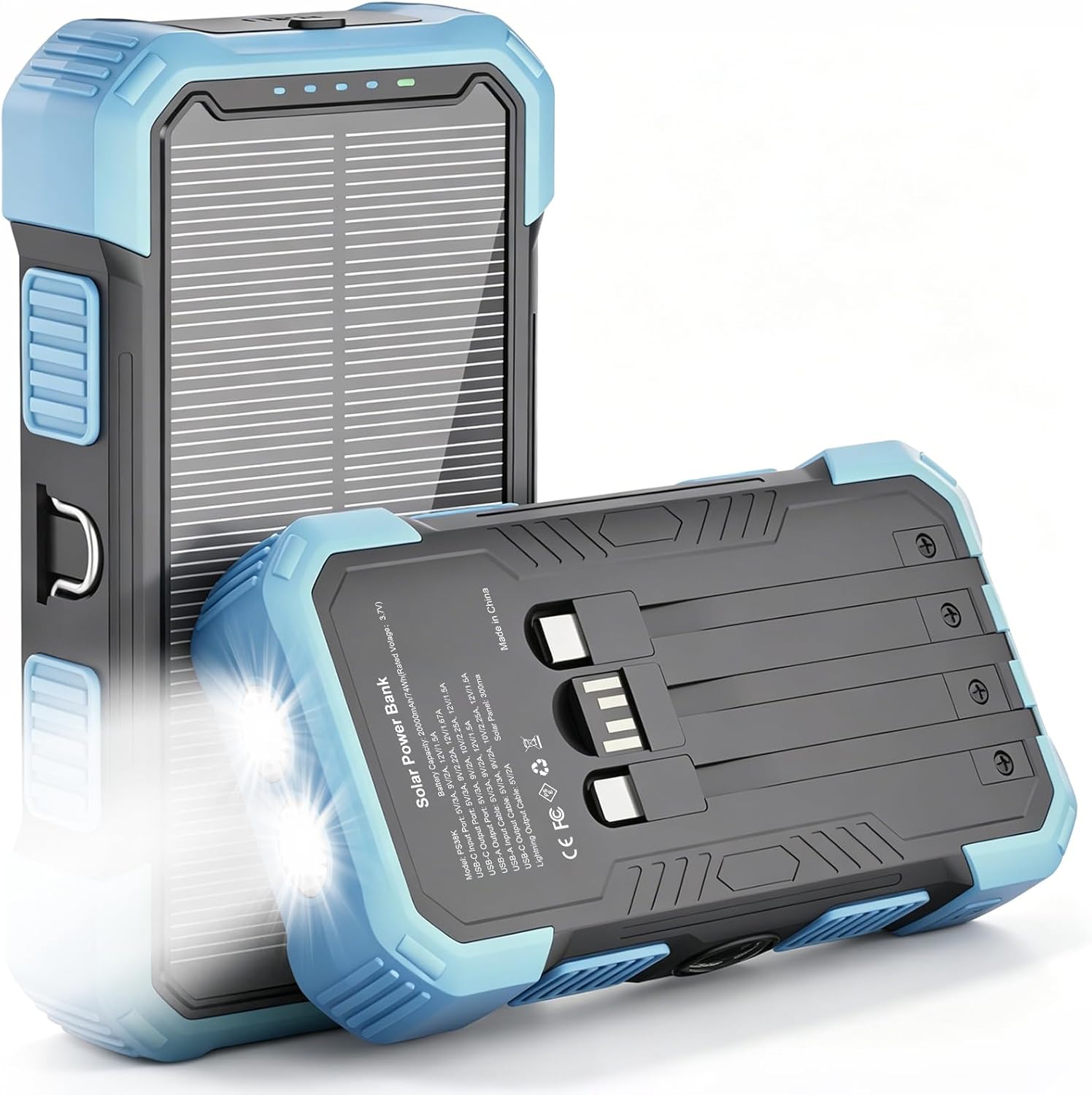 CARGADOR SOLAR DE 20000 MAH, 22.5 W PD CARGADOR PORTÁTIL DE CARGA RÁPIDA CON 3 CABLES DE CARGA INTEGRADOS, LINTERNA LED - 1