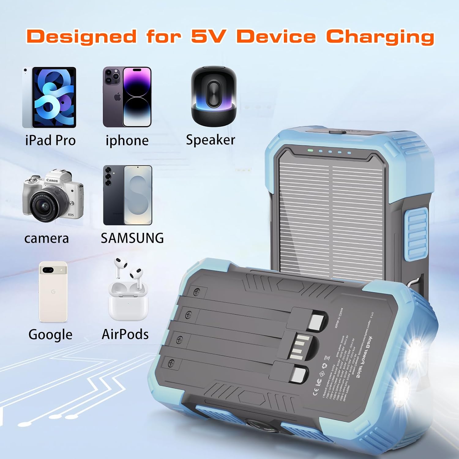 CARGADOR SOLAR DE 20000 MAH, 22.5 W PD CARGADOR PORTÁTIL DE CARGA RÁPIDA CON 3 CABLES DE CARGA INTEGRADOS, LINTERNA LED - 2
