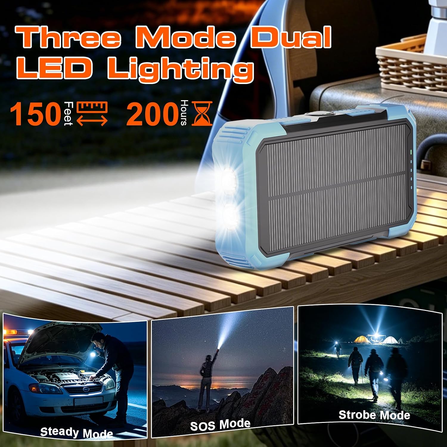 CARGADOR SOLAR DE 20000 MAH, 22.5 W PD CARGADOR PORTÁTIL DE CARGA RÁPIDA CON 3 CABLES DE CARGA INTEGRADOS, LINTERNA LED - 7