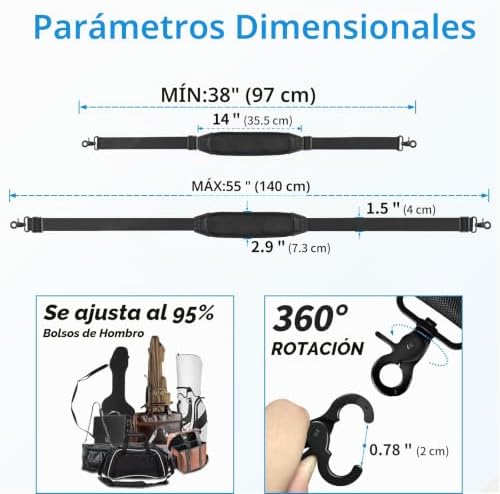 CORREA DE HOMBRO UNIVERSAL DE 67 PULGADAS, CORREA ACOLCHADA GRUESA DE MALLA CON HEBILLAS AJUSTABLES DOBLES Y GANCHOS - 7