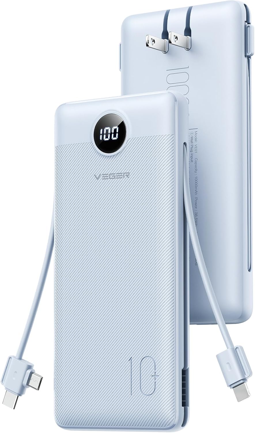 VEGER CARGADOR PORTÁTIL, BANCO DE ENERGÍA DE 10000 MAH, ENCHUFE DE PARED INTEGRADO Y CABLES - 1