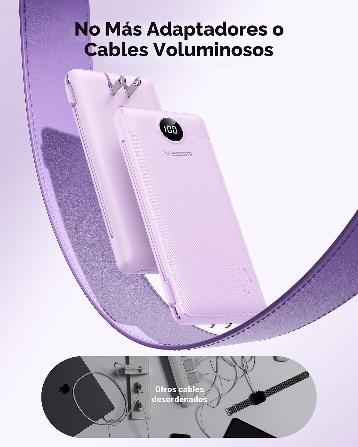 VEGER CARGADOR PORTÁTIL, BANCO DE ENERGÍA DE 10000 MAH, ENCHUFE DE PARED INTEGRADO Y CABLES - 5
