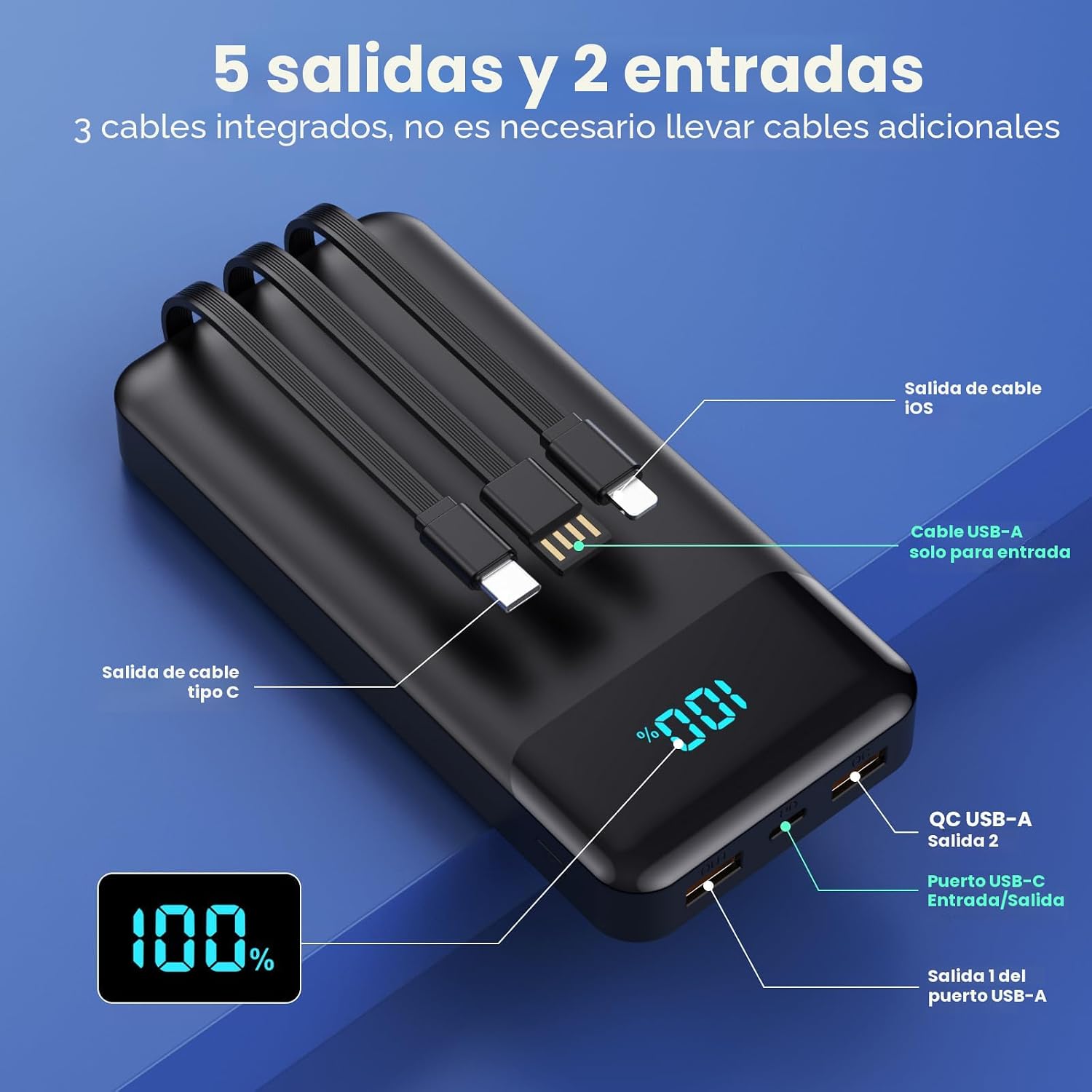 BANCO DE ENERGÍA CARGADOR PORTÁTIL 40800MAH CON 3 CABLES INTEGRADOS, CARGA RÁPIDA DE TELÉFONO 25W PAQUETE DE BATERÍA - 2