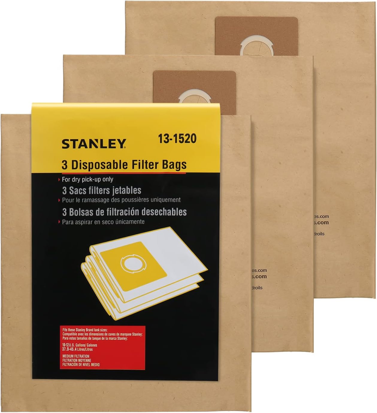 STANLEY 13-1520 BOLSA DE FILTRO DESECHABLE PARA ASPIRADORA HÚMEDA O SECA DE 10 GALONES, PAQUETE DE 3 - 1