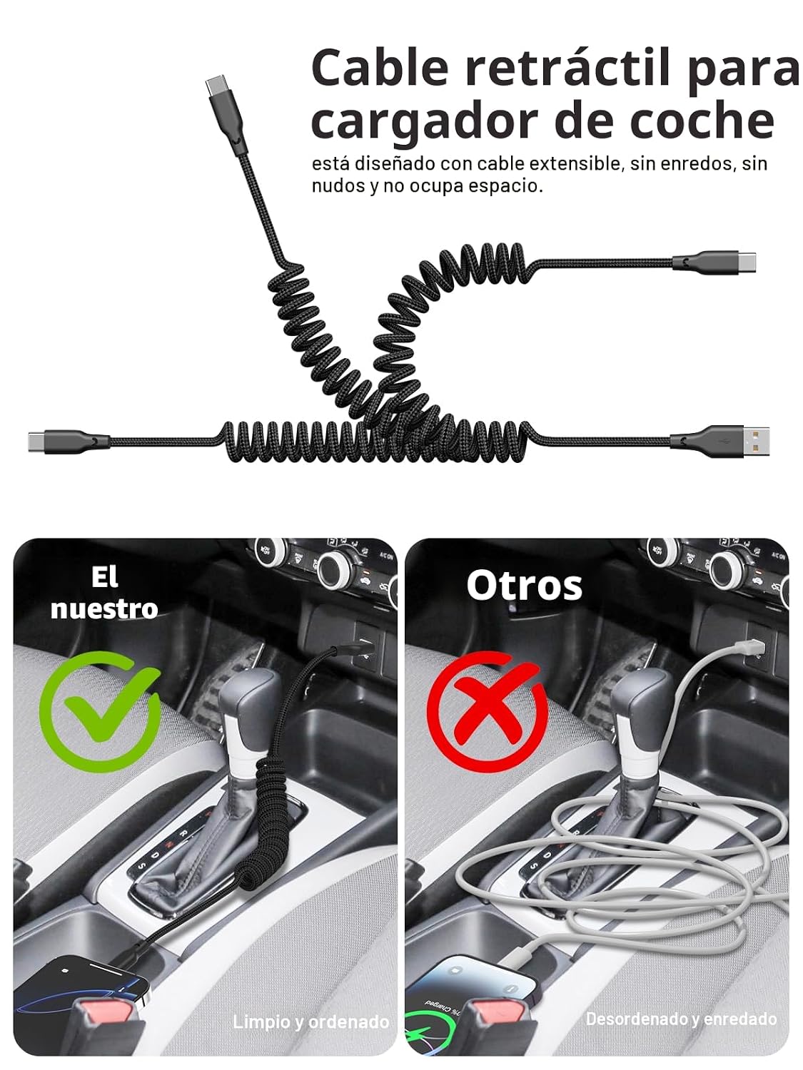 CABLE DE CARGA RÁPIDA USB A A USB C EN ESPIRAL DE 3 PIES 2 UNIDADES - 2