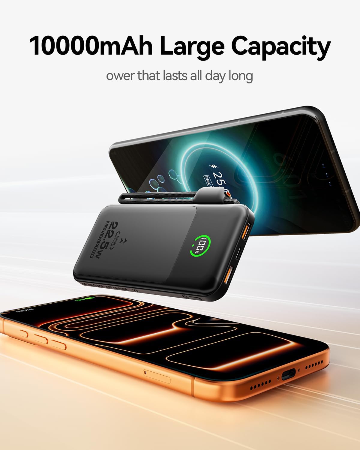 MOVESPEED - BANCO DE ENERGÍA DE 10000 MAH CON CABLE USB-C INTEGRADO, CARGADOR PORTÁTIL DE CARGA RÁPIDA DE 22.5 W, BATERÍA - 2