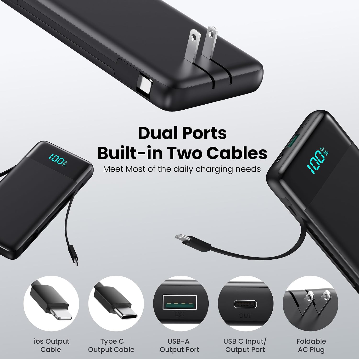 CARGADOR PORTÁTIL CON ENCHUFE AC INCORPORADO Y CABLES, BANCO DE ENERGÍA USB C DE CARGA RÁPIDA DE 13800MAH TODO EN UNO, - 2