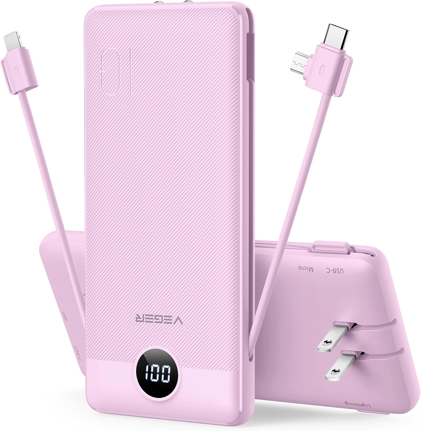 VEGER - CARGADOR PORTÁTIL DE IPHONE, CABLES INTEGRADOS DE CARGA RÁPIDA USB C, BATERÍA EXTERNA DELGADA DE 10,000 MAH, ENCHUFE - 1