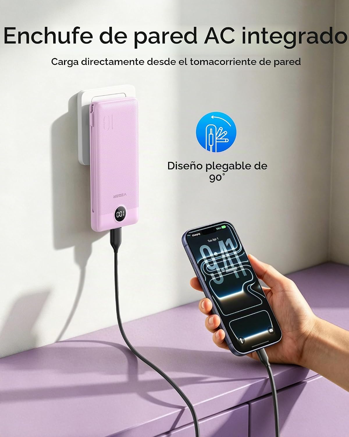 VEGER - CARGADOR PORTÁTIL DE IPHONE, CABLES INTEGRADOS DE CARGA RÁPIDA USB C, BATERÍA EXTERNA DELGADA DE 10,000 MAH, ENCHUFE - 2