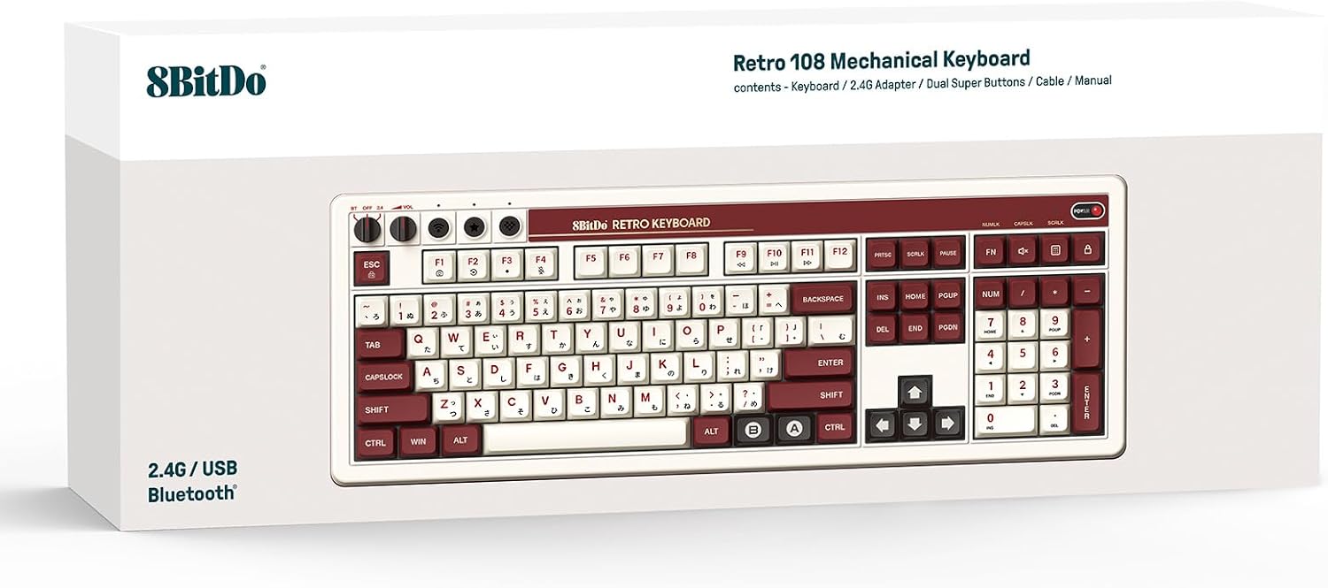 8BITDO RETRO 108 MECHANICAL KEYBOARD WITH 108 KEYS AND INTEGRATED NUMPAD, BLUETOOTH/2.4G/USB-C HOT SWAPPABLE WIRELESS GAMING - 5