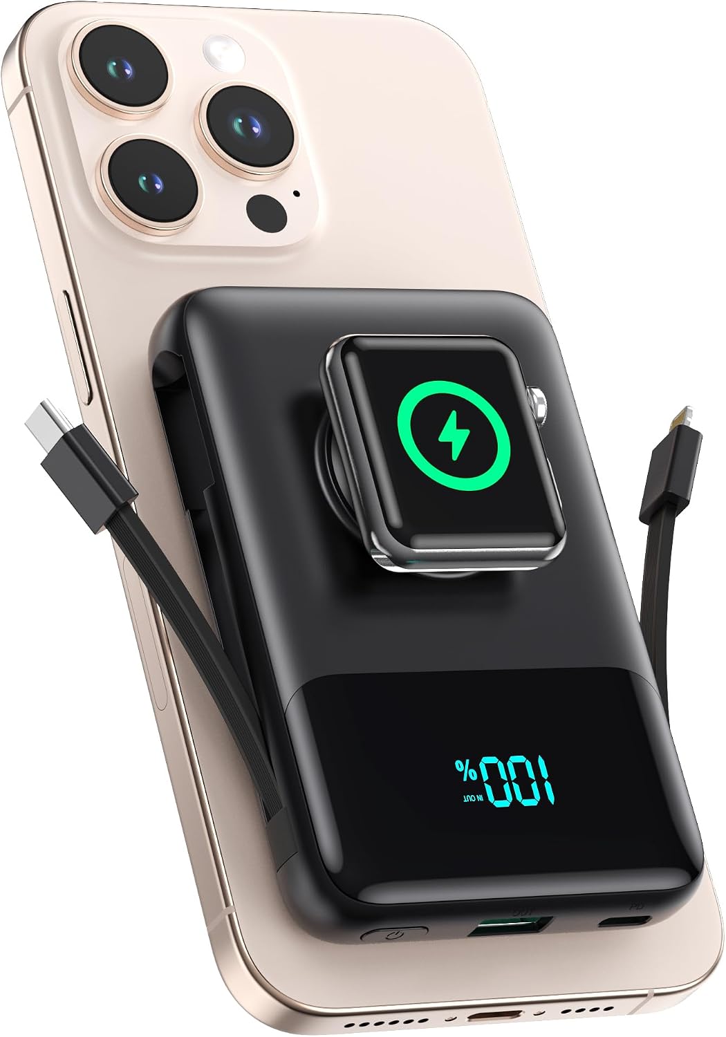 MAGNETIC PORTABLE CHARGER FOR IPHONE WITH BUILT-IN CABLE,10800MAH WIRELESS POWER BANK FOR MAGSAFE TRAVEL ESSENTIAL,6-IN-1 - 1