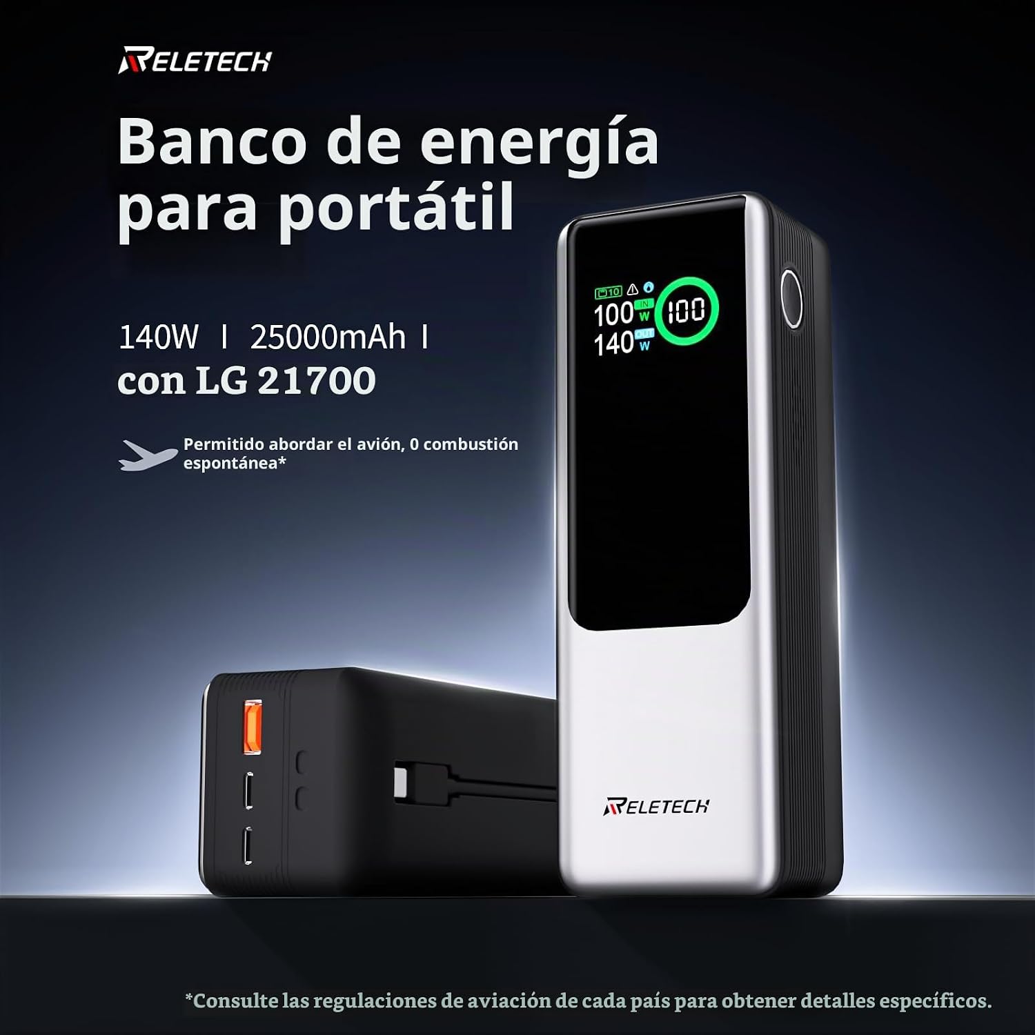 CARGADOR RÁPIDO PORTÁTIL DE 140 W DE 25000 MAH CON BATERÍA LG 21700, 3 PUERTOS PARA COMPUTADORA PORTÁTIL, PANTALLA - 2