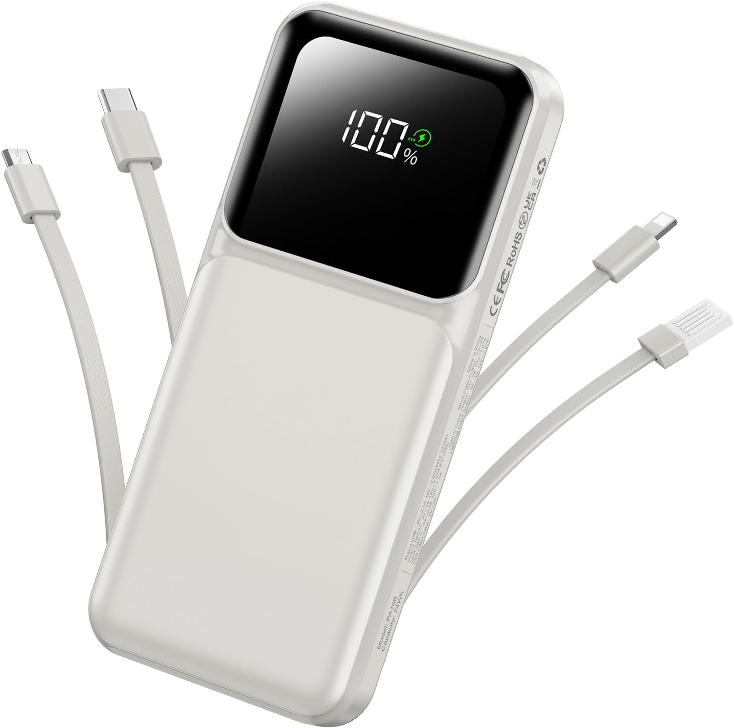 RONEGN CARGADOR PORTÁTIL CON CABLE INTEGRADO, CARGADOR DE BATERÍA DE CARGA RÁPIDA DE 22.5 W, USB C, 10000 MAH, PANTALLA LED, - 1