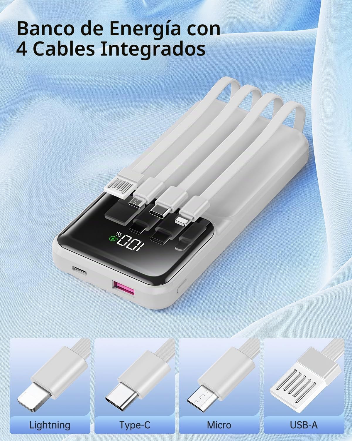 RONEGN CARGADOR PORTÁTIL CON CABLE INTEGRADO, CARGADOR DE BATERÍA DE CARGA RÁPIDA DE 22.5 W, USB C, 10000 MAH, PANTALLA LED, - 2