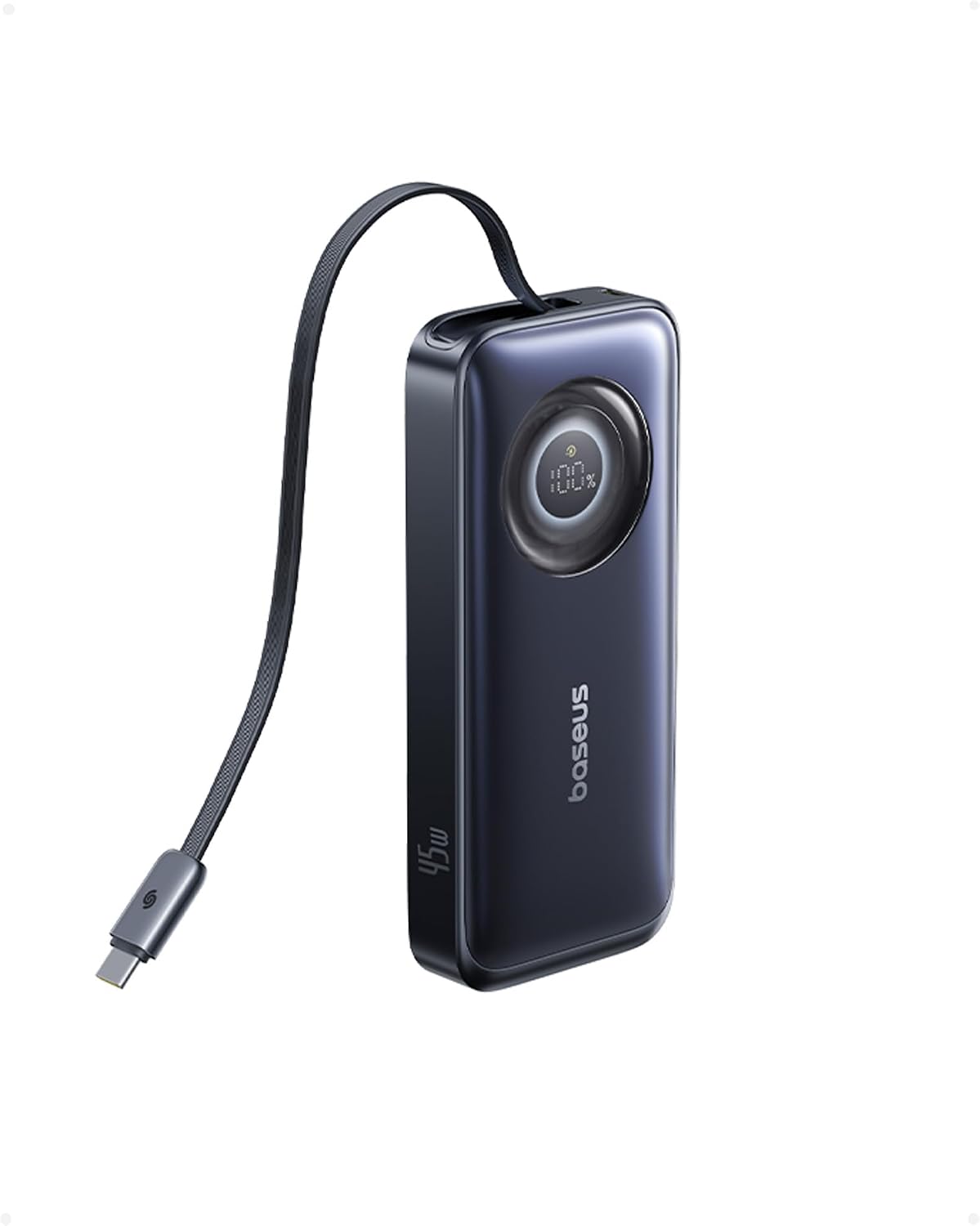 BASEUS ENERCORE BANCO DE ENERGÍA, CARGADOR PORTÁTIL DE CARGA RÁPIDA DE 10000MAH CON CABLE USB-C RETRÁCTIL DE 45W INTEGRADO, - 1