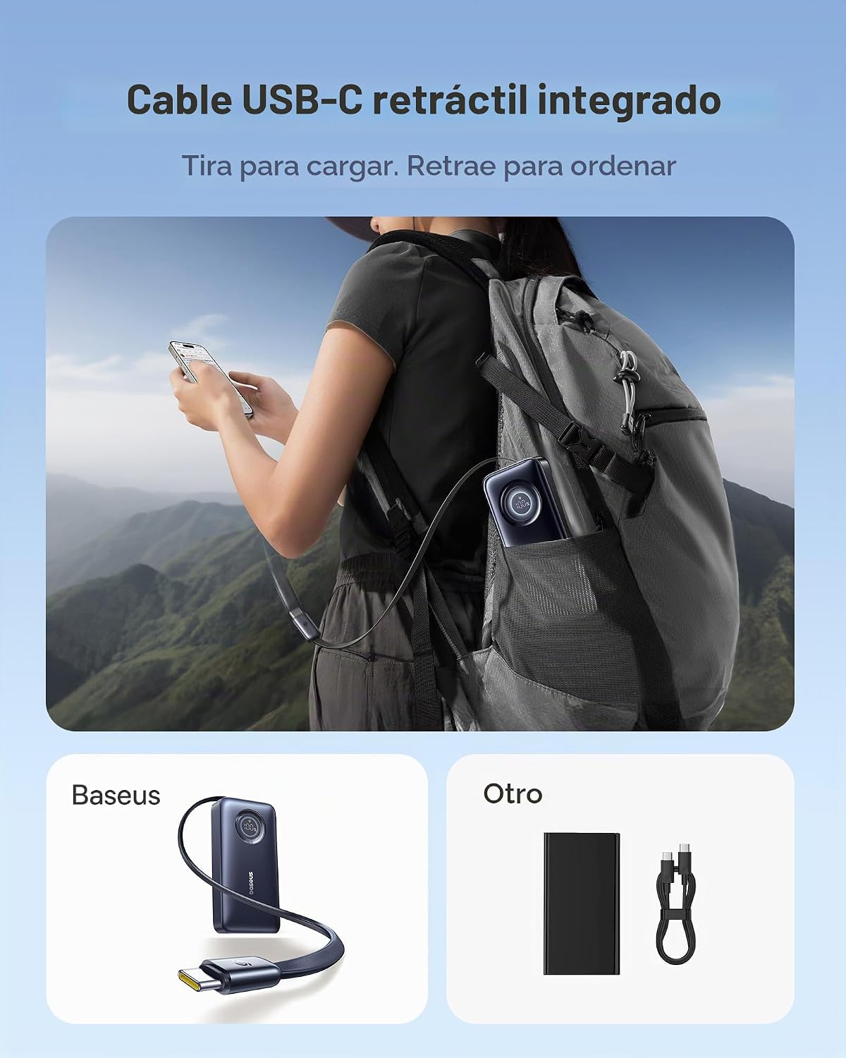 BASEUS ENERCORE BANCO DE ENERGÍA, CARGADOR PORTÁTIL DE CARGA RÁPIDA DE 10000MAH CON CABLE USB-C RETRÁCTIL DE 45W INTEGRADO, - 2