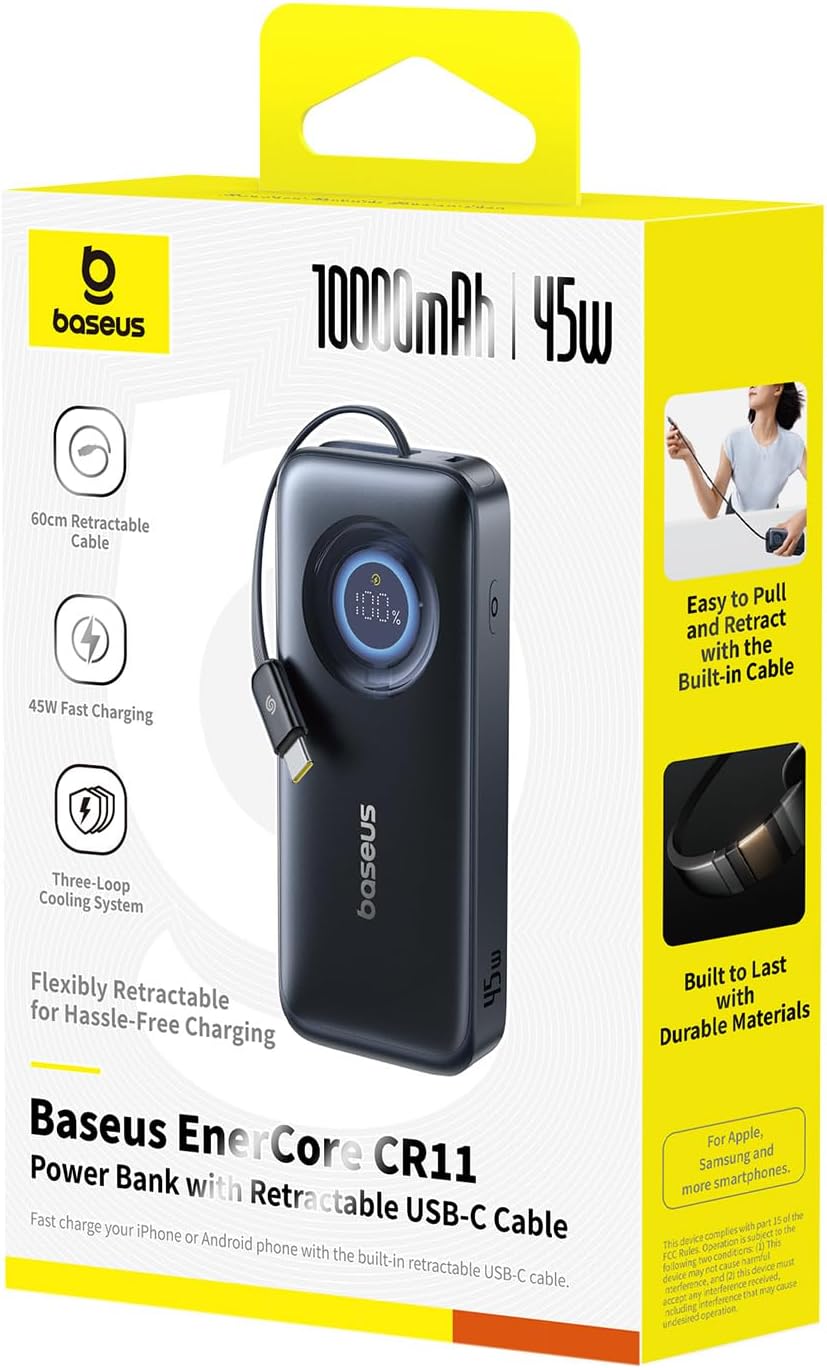 BASEUS ENERCORE BANCO DE ENERGÍA, CARGADOR PORTÁTIL DE CARGA RÁPIDA DE 10000MAH CON CABLE USB-C RETRÁCTIL DE 45W INTEGRADO, - 5