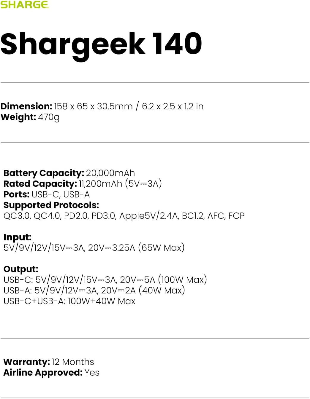 SHARGE EK 140 BANCO DE ENERGÍA, 20000MAH 140W CARGADOR PORTÁTIL, DISEÑO - 6
