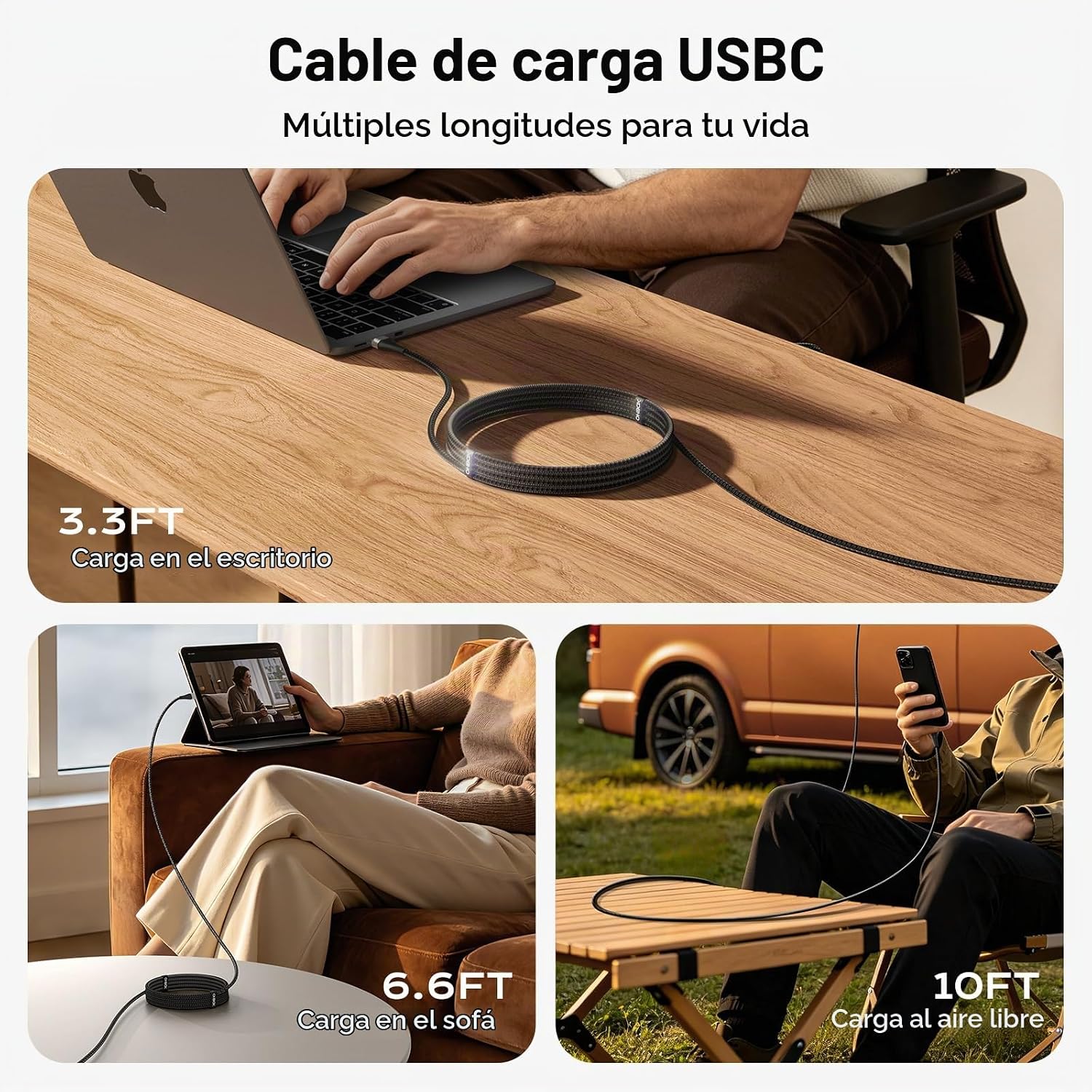 CABLE USB A A USB C DE 6 PIES, PAQUETE DE 3 CABLES DE CARGA TIPO C, CABLE USB A USB C DURADERO, CABLE USB TIPO C TRENZADO - 5