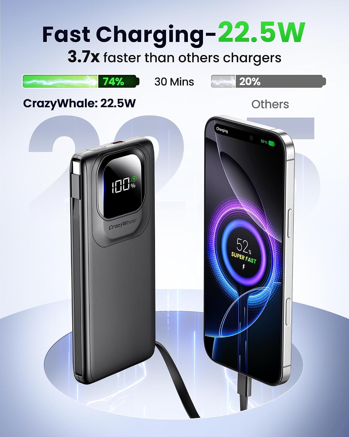 CARGADOR PORTÁTIL CON CABLES INCORPORADOS, CARGADOR DE BATERÍA DE CARGA SÚPER RÁPIDA DE 22.5 W, CARGADOR DE TELÉFONO - 2