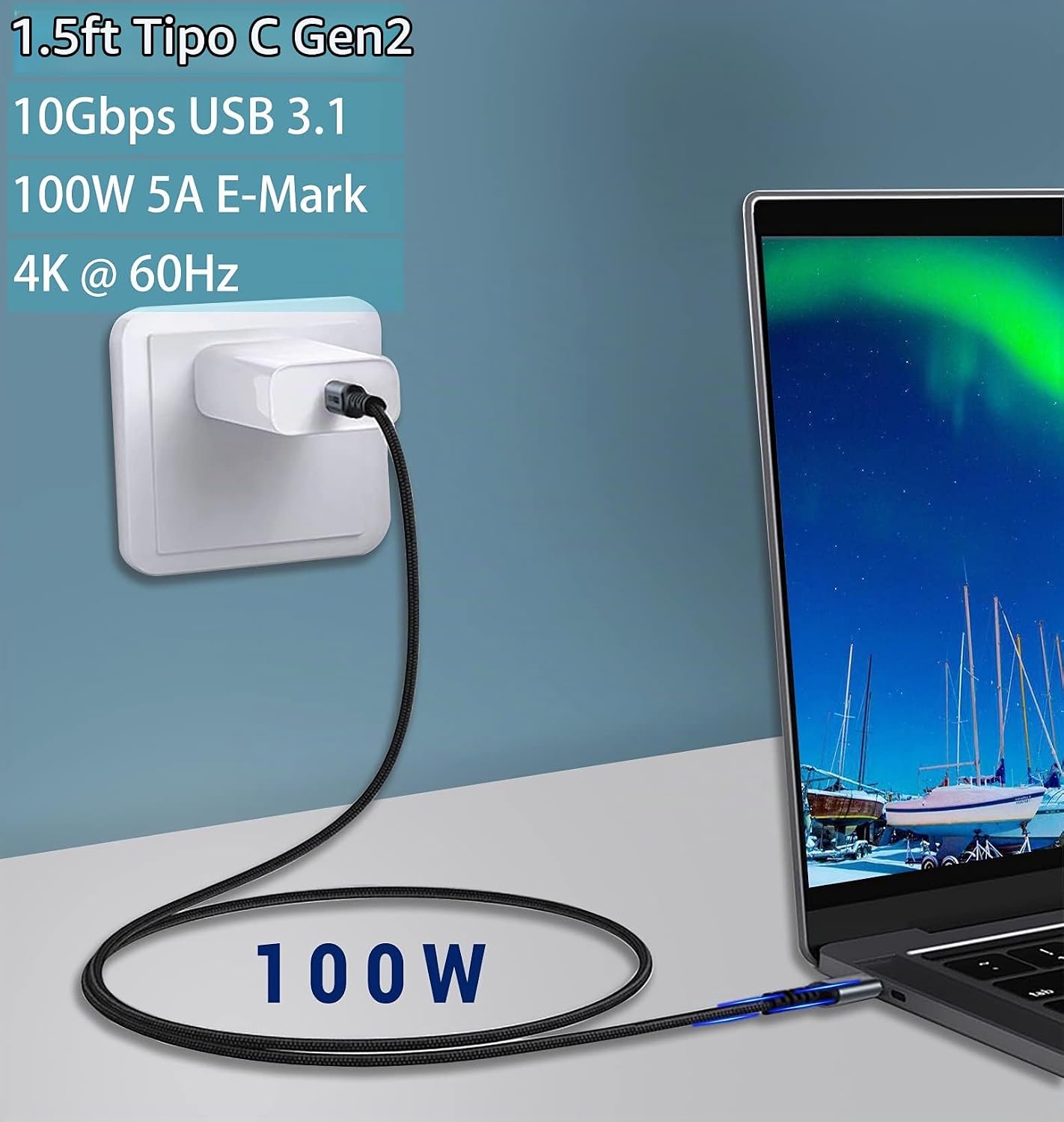CABLE CORTO USB C A USB C PAQUETES DE 2 PAQUETES DE 1.5 PIES , 3.1 GEN 2 10GBPS 100W 4K USBC VIDEO CABLE DE CARGA RÁPIDA - 2