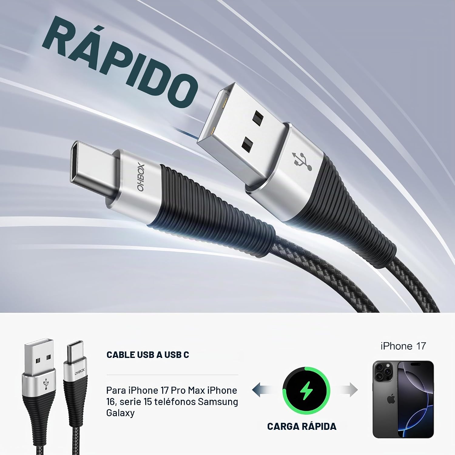 CABLE USB A USB C DE 3 PIES, PAQUETE DE 3 CABLES USB A A TIPO C, CABLE - 2