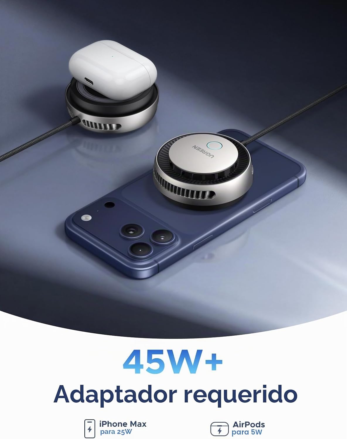 UGREEN CARGADOR INALÁMBRICO MAGNÉTICO QI2.2 DE 25 W CON VENTILADOR DE REFRIGERACIÓN TEC , ALMOHADILLA DE CARGA INALÁMBRICA - 6