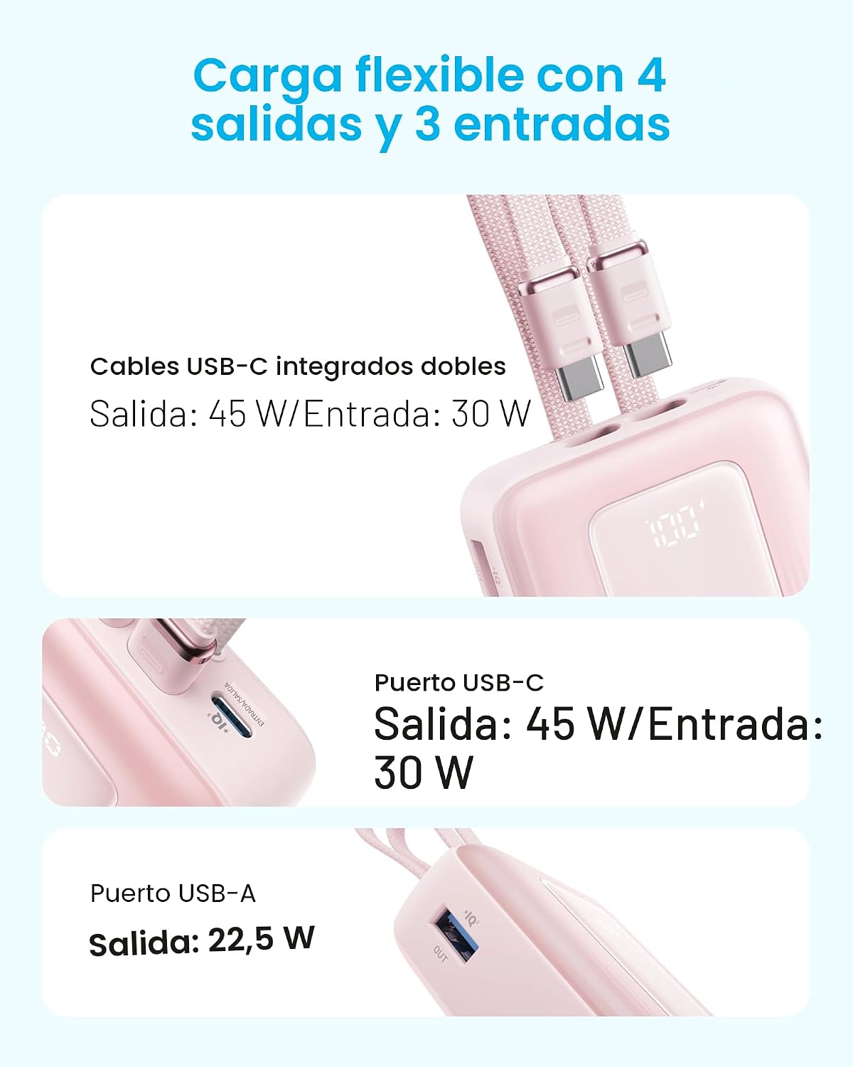 ANKER ZOLO BANCO DE ENERGÍA VERSIÓN ACTUALIZADA 2025 , CARGA RÁPIDA MÁXIMA DE 45W, PAQUETE DE BATERÍA DE 20,000MAH, CABLES - 6