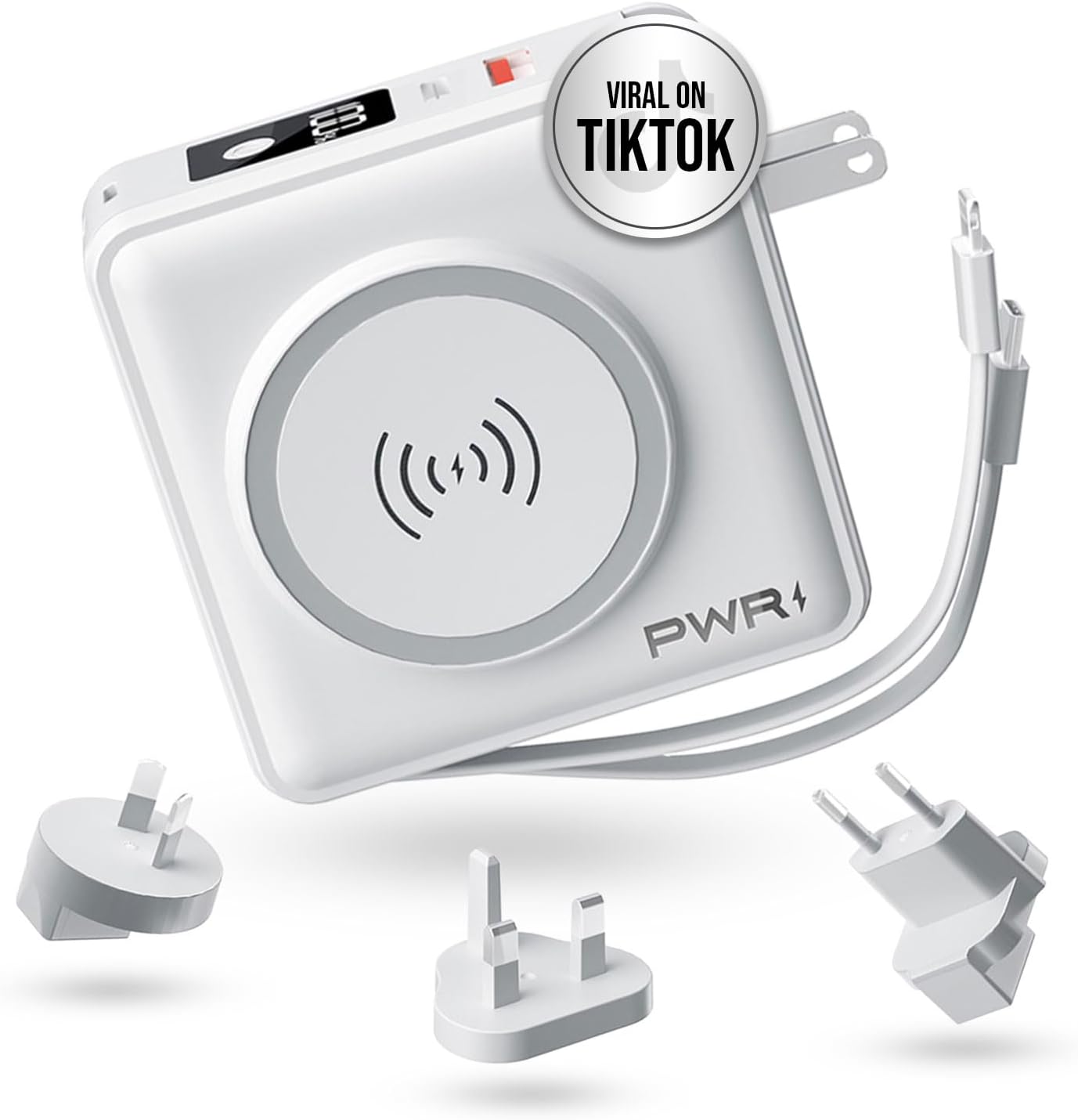 PWRMOBILE PWR TRAVEL PRO - BANCO DE ENERGÍA 5 EN 1, 10,000 MAH CON CABLES INTEGRADOS, 20 W USB-C CARGA INALÁMBRICA DE 15 W, - 1