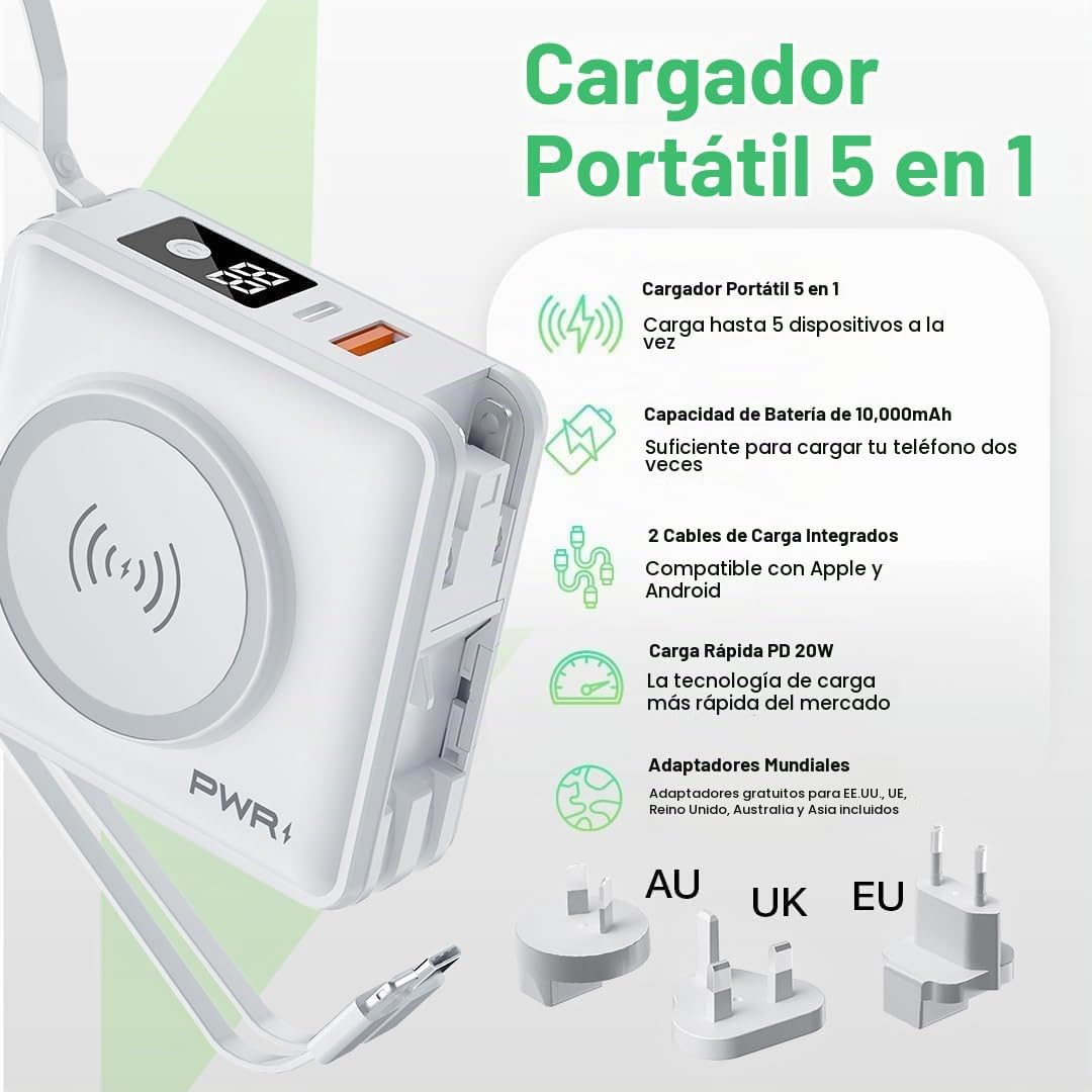 PWRMOBILE PWR TRAVEL PRO - BANCO DE ENERGÍA 5 EN 1, 10,000 MAH CON CABLES INTEGRADOS, 20 W USB-C CARGA INALÁMBRICA DE 15 W, - 2