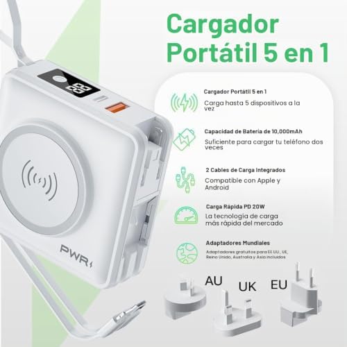 PWRMOBILE PWR TRAVEL PRO - BANCO DE ENERGÍA 5 EN 1, 10,000 MAH CON CABLES INTEGRADOS, 20 W USB-C CARGA INALÁMBRICA DE 15 W, - 4