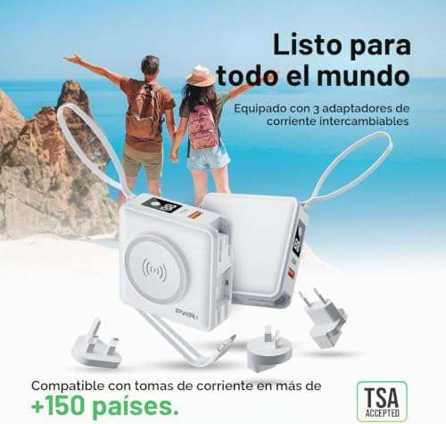 PWRMOBILE PWR TRAVEL PRO - BANCO DE ENERGÍA 5 EN 1, 10,000 MAH CON CABLES INTEGRADOS, 20 W USB-C CARGA INALÁMBRICA DE 15 W, - 5
