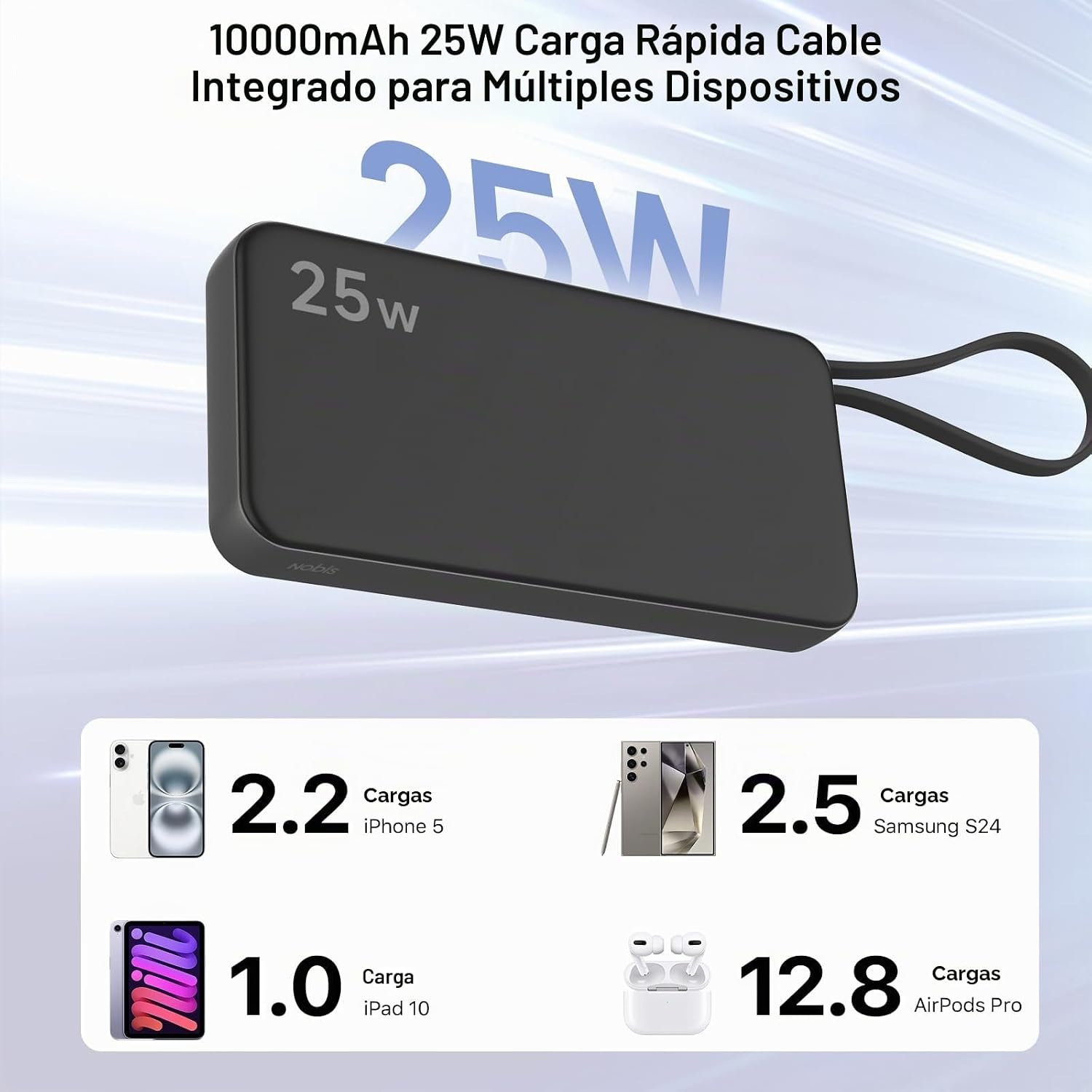 NOBIS CARGADOR PORTÁTIL 25W 10000MAH POWER BANK CON CABLE USB-C INCORPORADO - 2