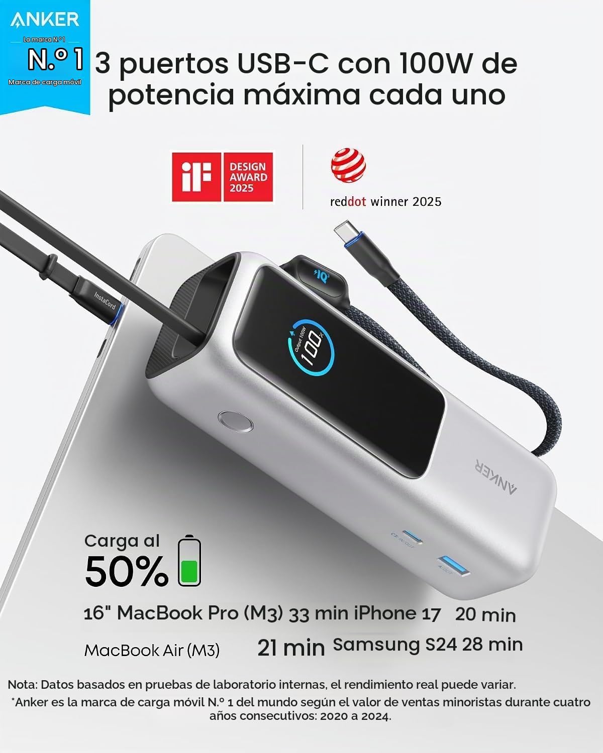ANKER - BATERÍA PORTÁTIL PARA LAPTOP DE 25,000 MAH CON TRES PUERTOS USB-C DE 100 W, CABLES RETRÁCTILES INCORPORADOS, - 2