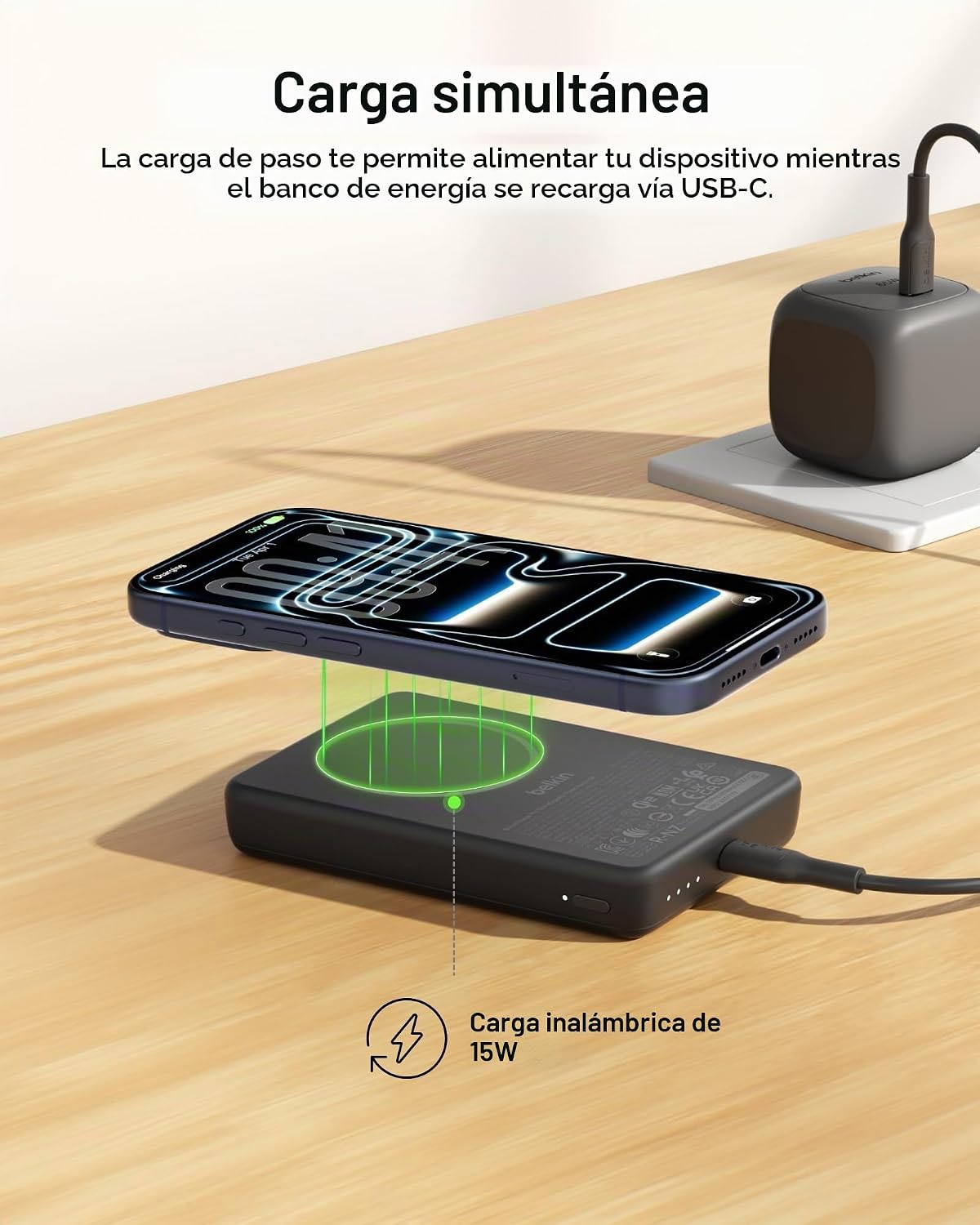 BELKIN BANCO MAGNÉTICO DELGADO DEL PODER DE 10000MAH QI2 15W CON EL CABLE DEL USB C - 6