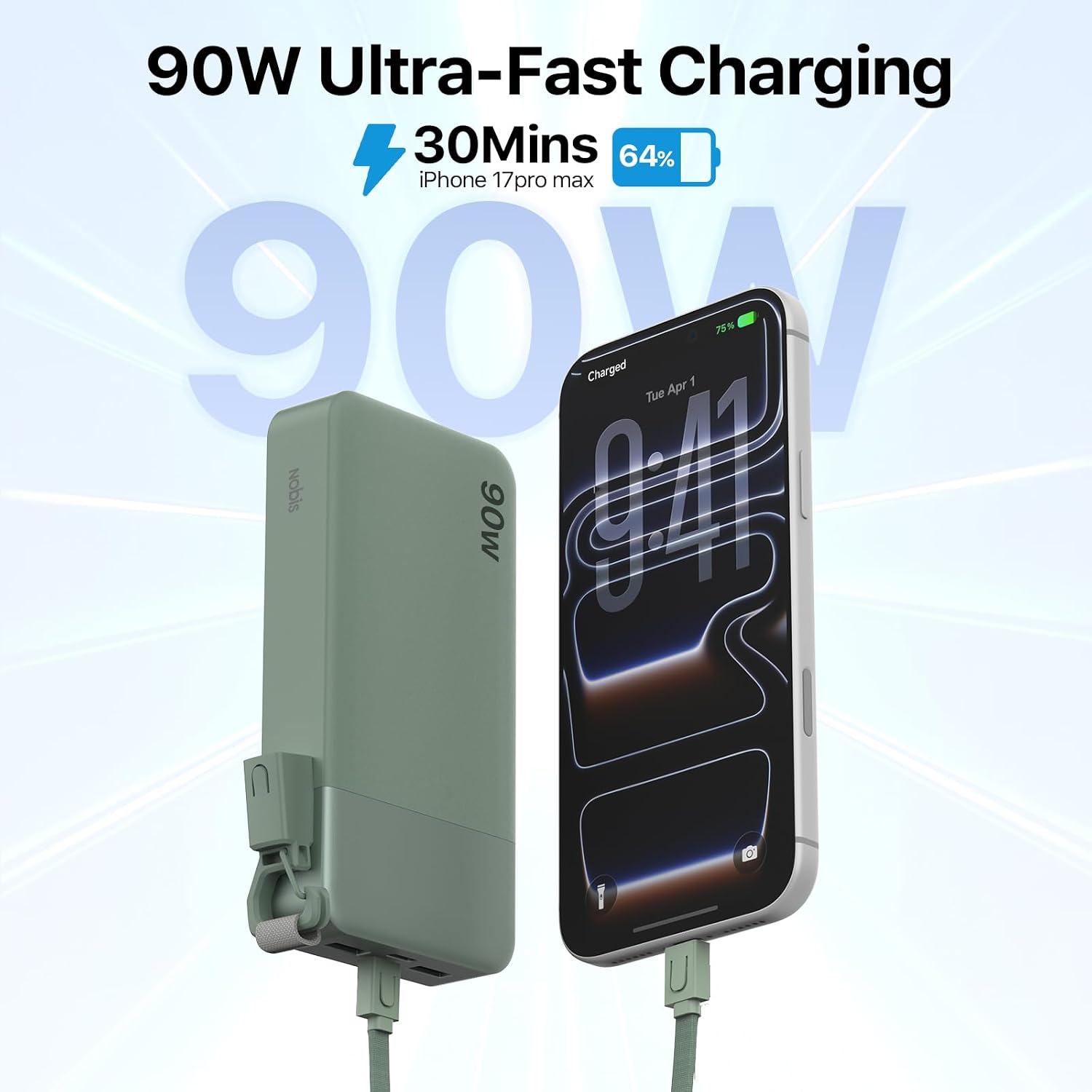 NOBIS PORTABLE CHARGER 20000MAH 90W POWER BANK W/DETACHABLE CABLE - 2