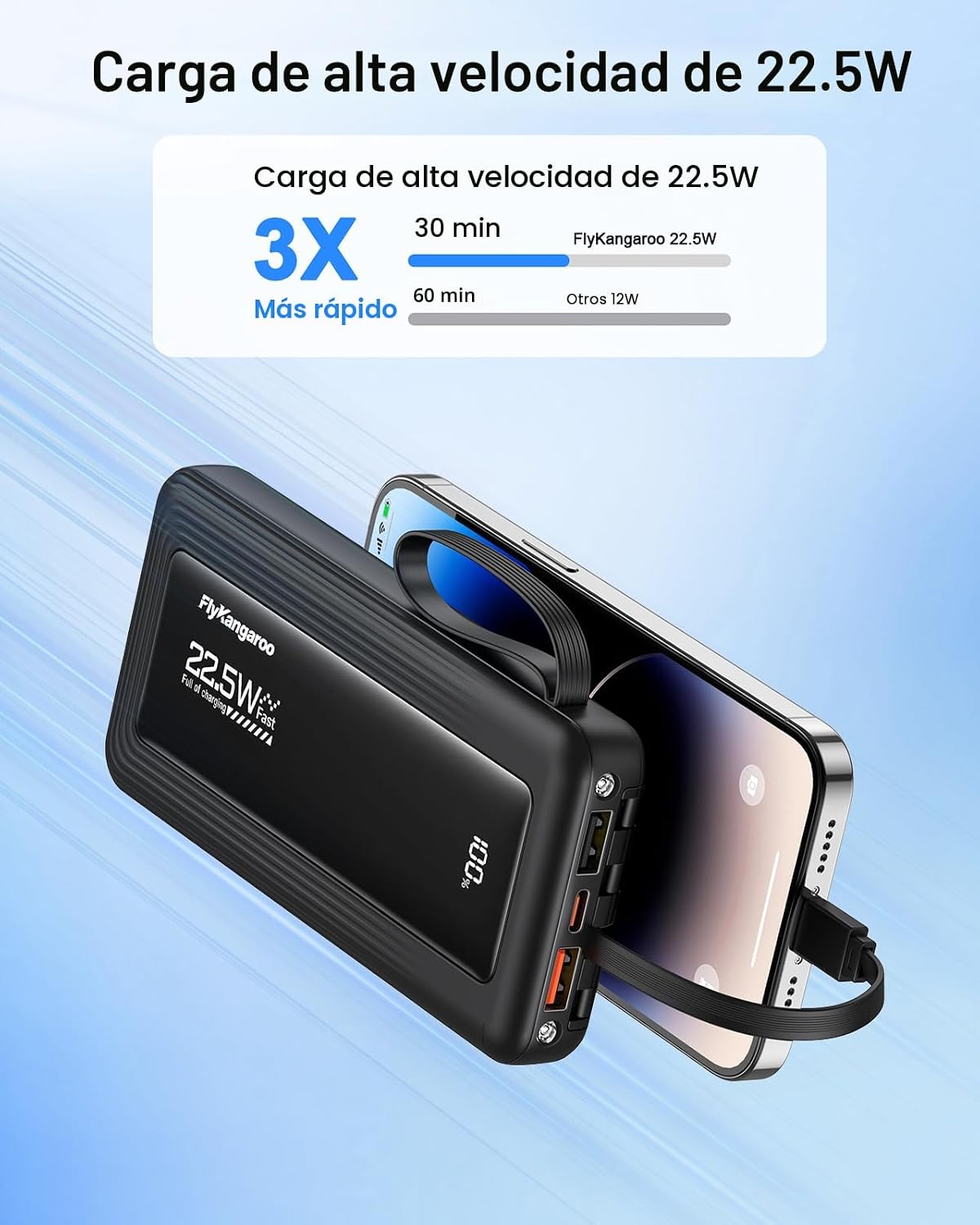 CARGADOR PORTÁTIL CON CABLES INTEGRADOS, BATERÍA DE 10,000 MAH DELGADA, CARGA RÁPIDA DE 22.5 W, BANCO DE ENERGÍA - 2