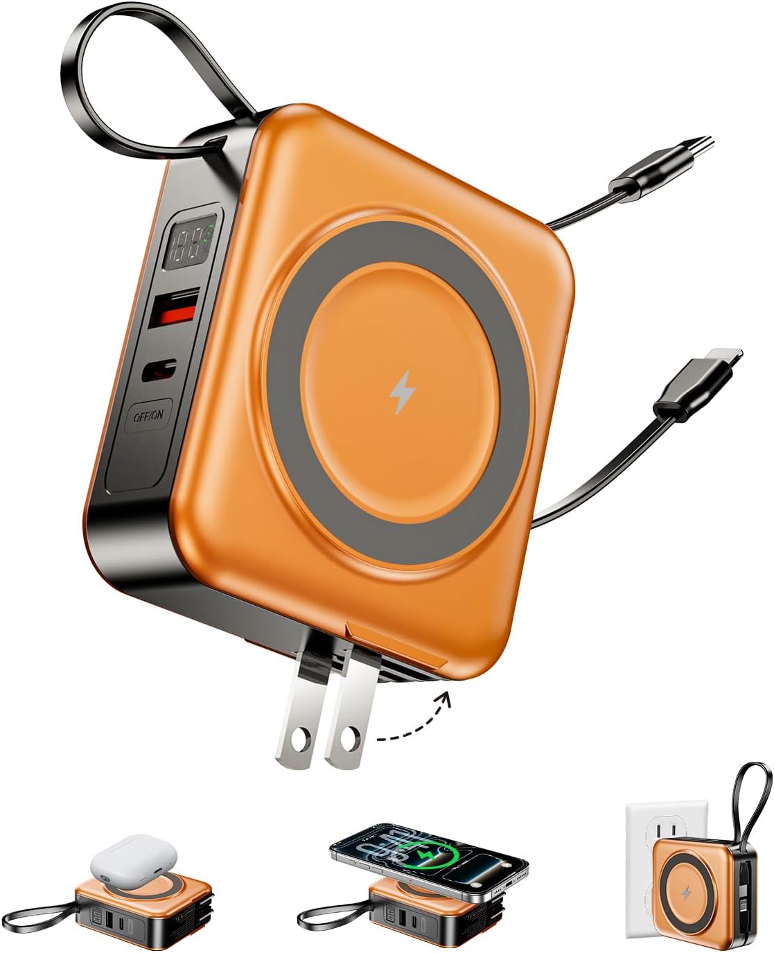 CARGADOR PORTÁTIL MAGSAFE 6 EN 1, BATERÍA MAGNÉTICA INALÁMBRICA DE 10000 MAH CON CABLES INTEGRADOS Y ENCHUFE DE PARED, - 1