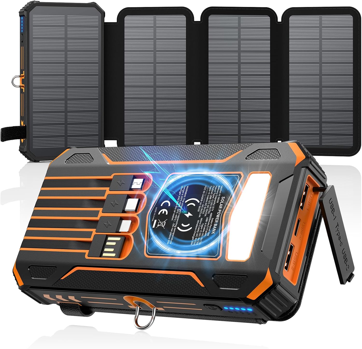 CARGADOR SOLAR POWER BANK - CARGADOR PORTÁTIL INALÁMBRICO DE 48000MAH CON 4 CABLES INTEGRADOS Y 4 PANELES SOLARES, PAQUETE - 1