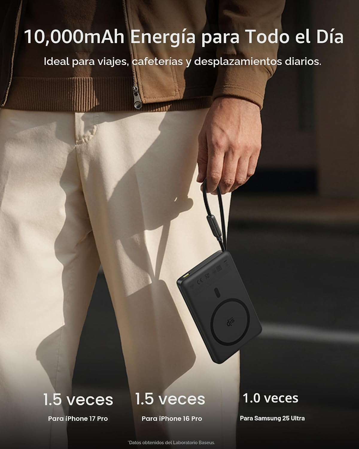 BASEUS PICOGO AM52 MAGSAFE POWER BANK, QI2.2 25W 10,000MAH CARGADOR PORTÁTIL MAGNÉTICO, 0.6 PULGADAS, DELGADO CABLE USB-C - 6