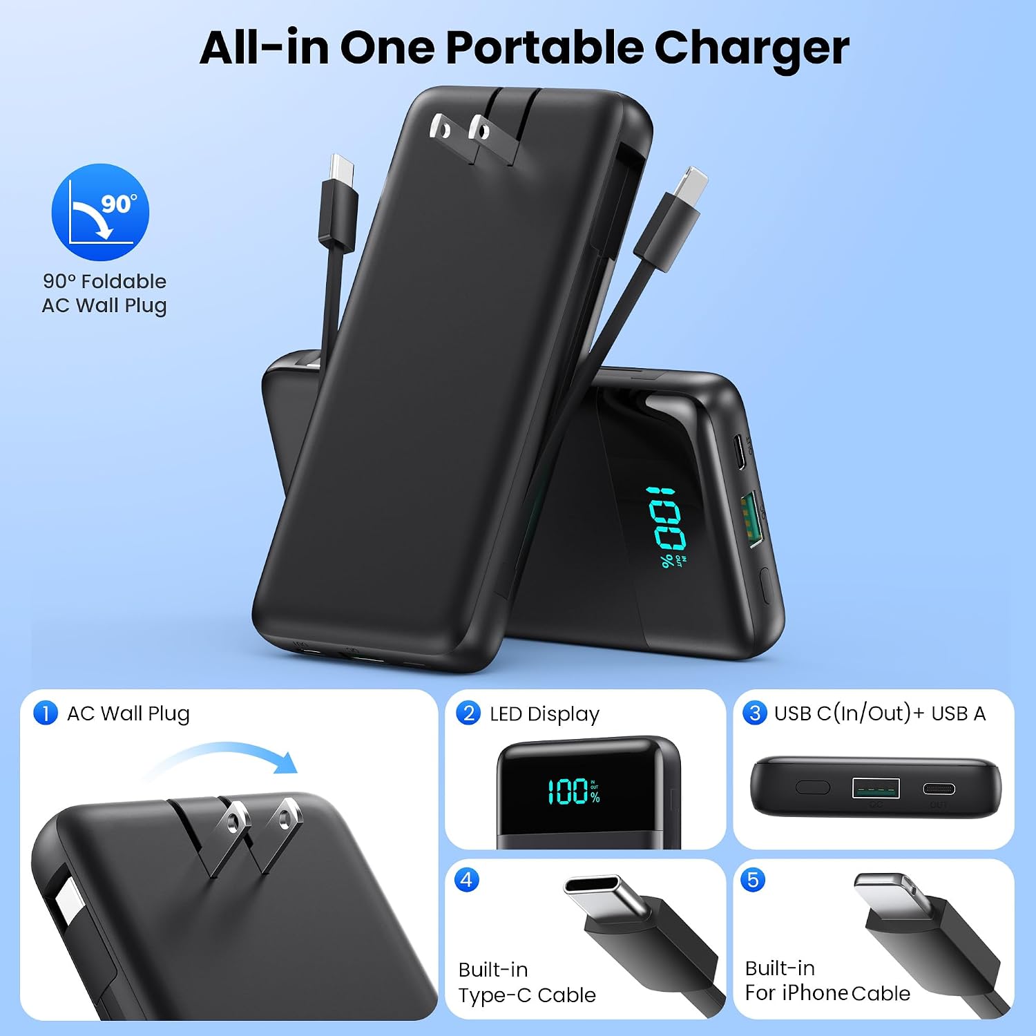 CARGADOR PORTÁTIL PARA IPHONE, BANCO DE ENERGÍA DELGADO DE 13800 MAH CON CABLES INTEGRADOS Y ENCHUFE DE PARED DE CA, TODO - 2