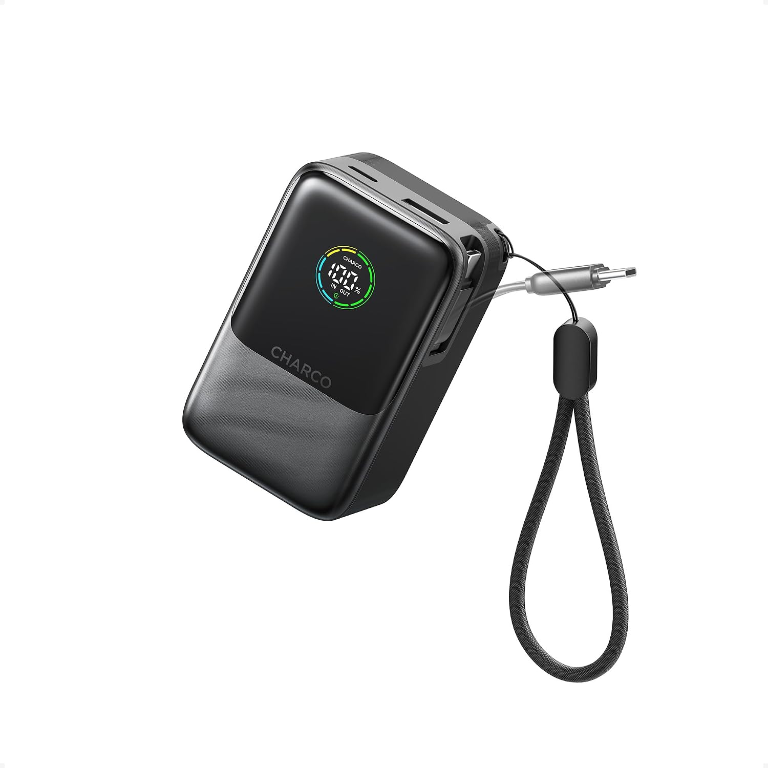 CHARCO CARGADOR PORTÁTIL DE CARGA RÁPIDA DE 45 W, BATERÍA DE 10000 MAH, CARGADOR PORTÁTIL CON CABLE USB C RETRÁCTIL, - 1