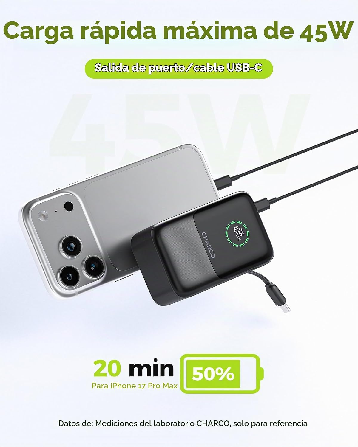 CHARCO CARGADOR PORTÁTIL DE CARGA RÁPIDA DE 45 W, BATERÍA DE 10000 MAH, CARGADOR PORTÁTIL CON CABLE USB C RETRÁCTIL, - 2